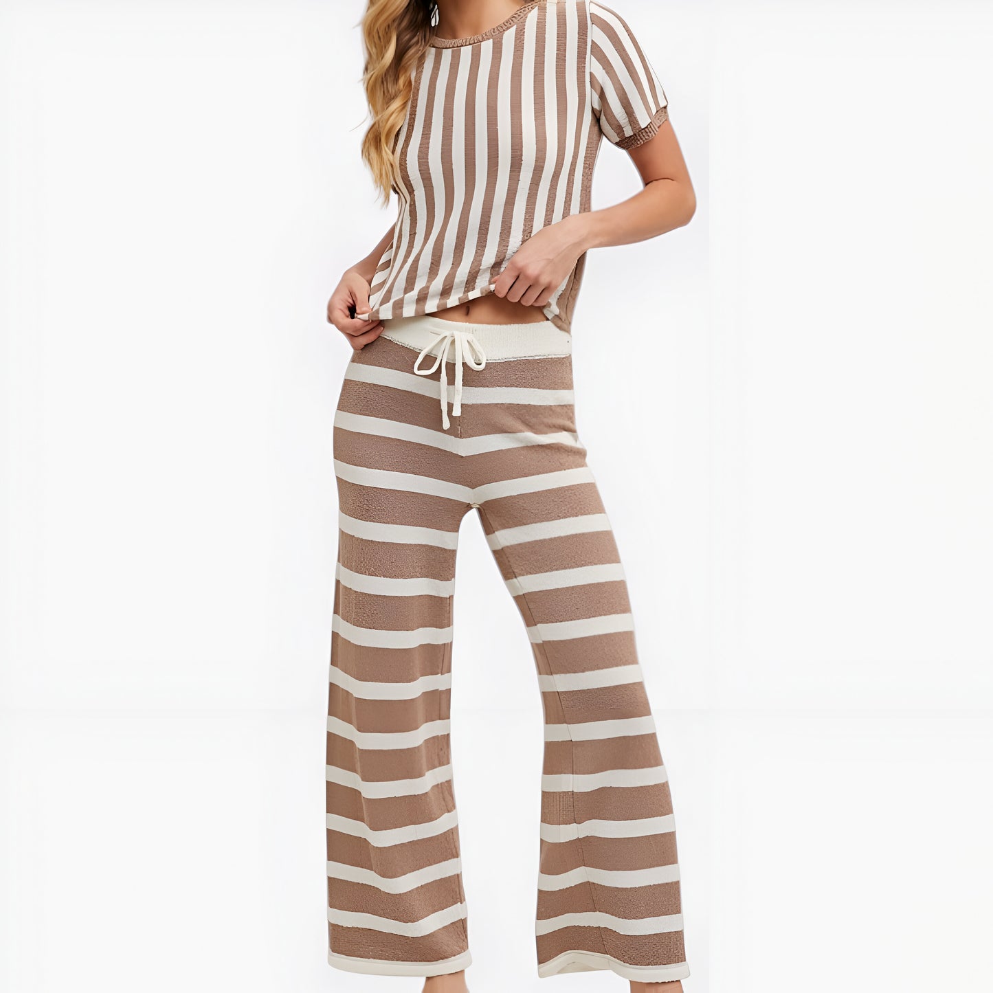 Striped Short Sleeve Knit Top and Wide Leg Pants Lounge Set with Drawstring