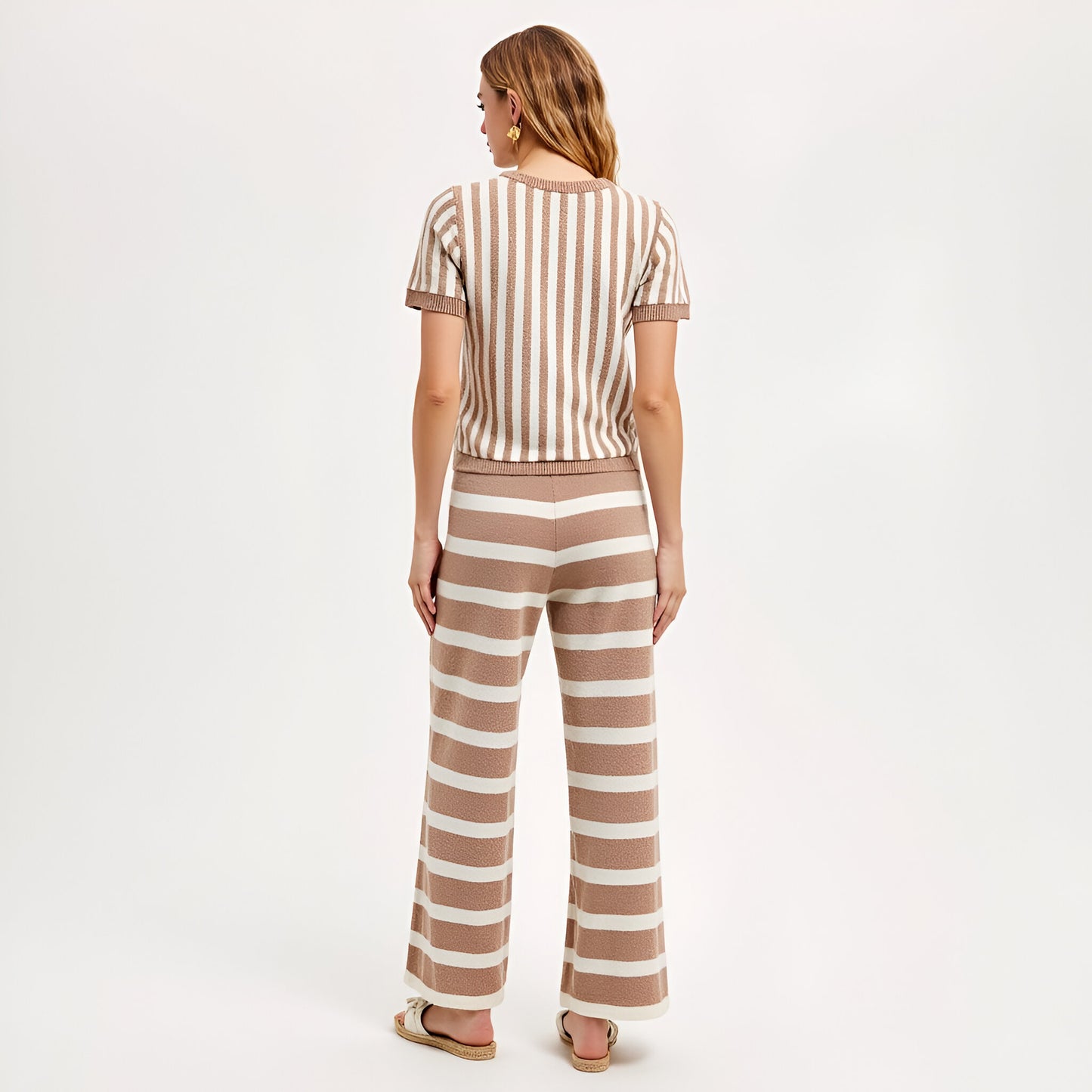 Striped Short Sleeve Knit Top and Wide Leg Pants Lounge Set with Drawstring