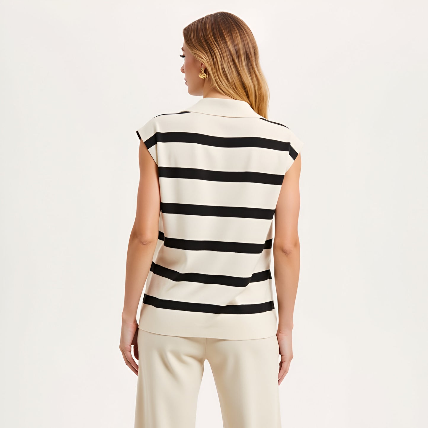 Cap Sleeve Knit Polo Top with Bold Horizontal Stripes
