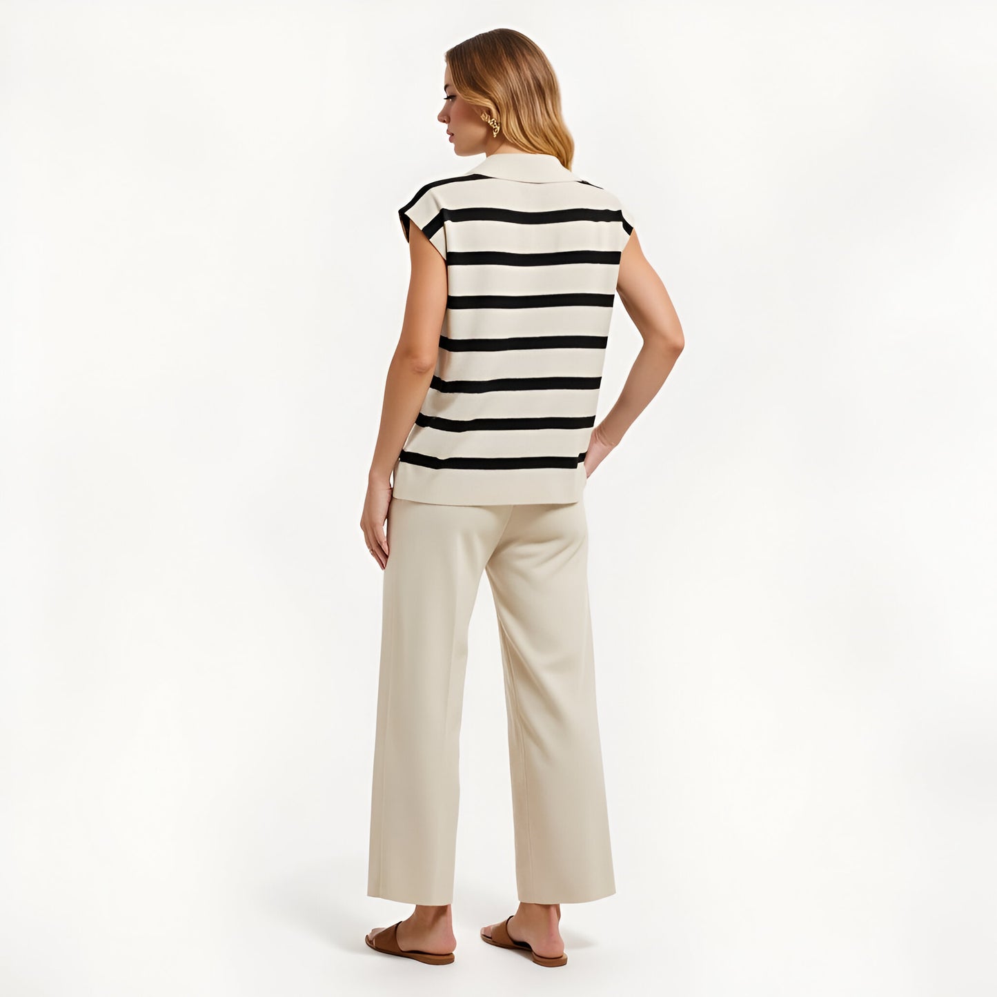 Cap Sleeve Knit Polo Top with Bold Horizontal Stripes