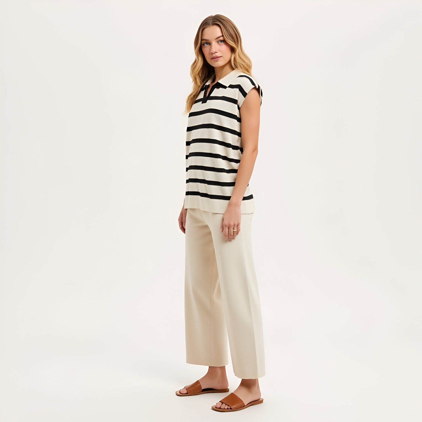 Cap Sleeve Knit Polo Top with Bold Horizontal Stripes