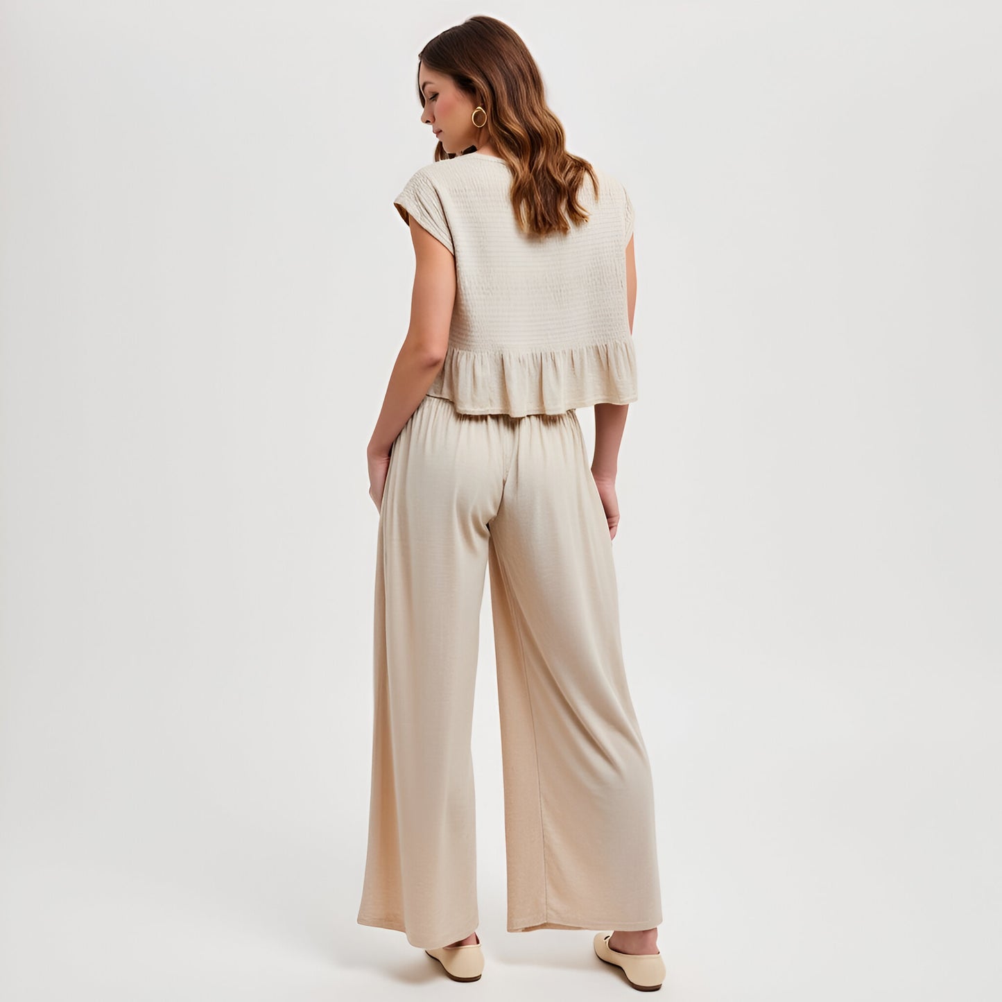 Smocked Knit Top and Wide-Leg Pants Set with Relaxed Fit