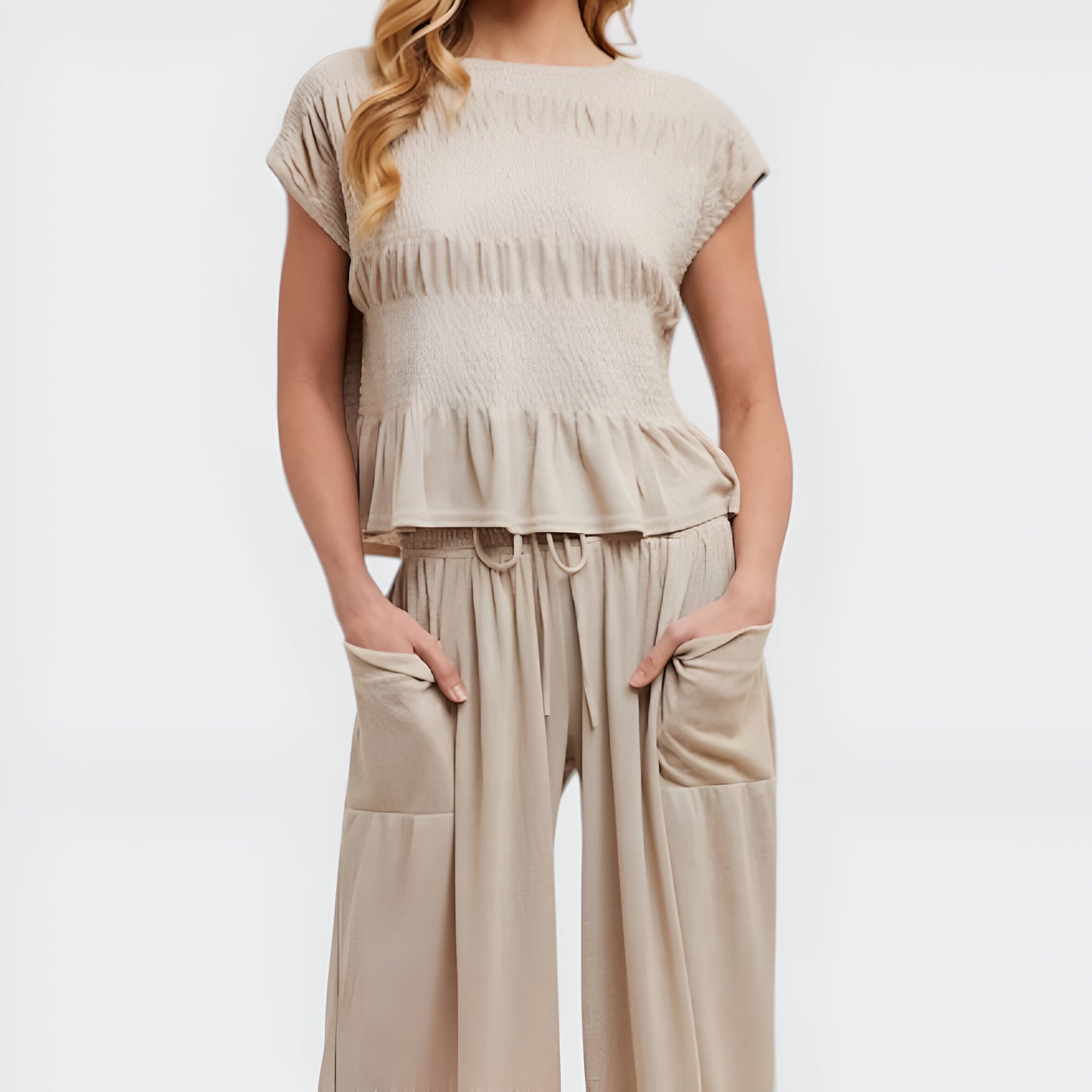 Smocked Knit Top and Wide-Leg Pants Set with Relaxed Fit