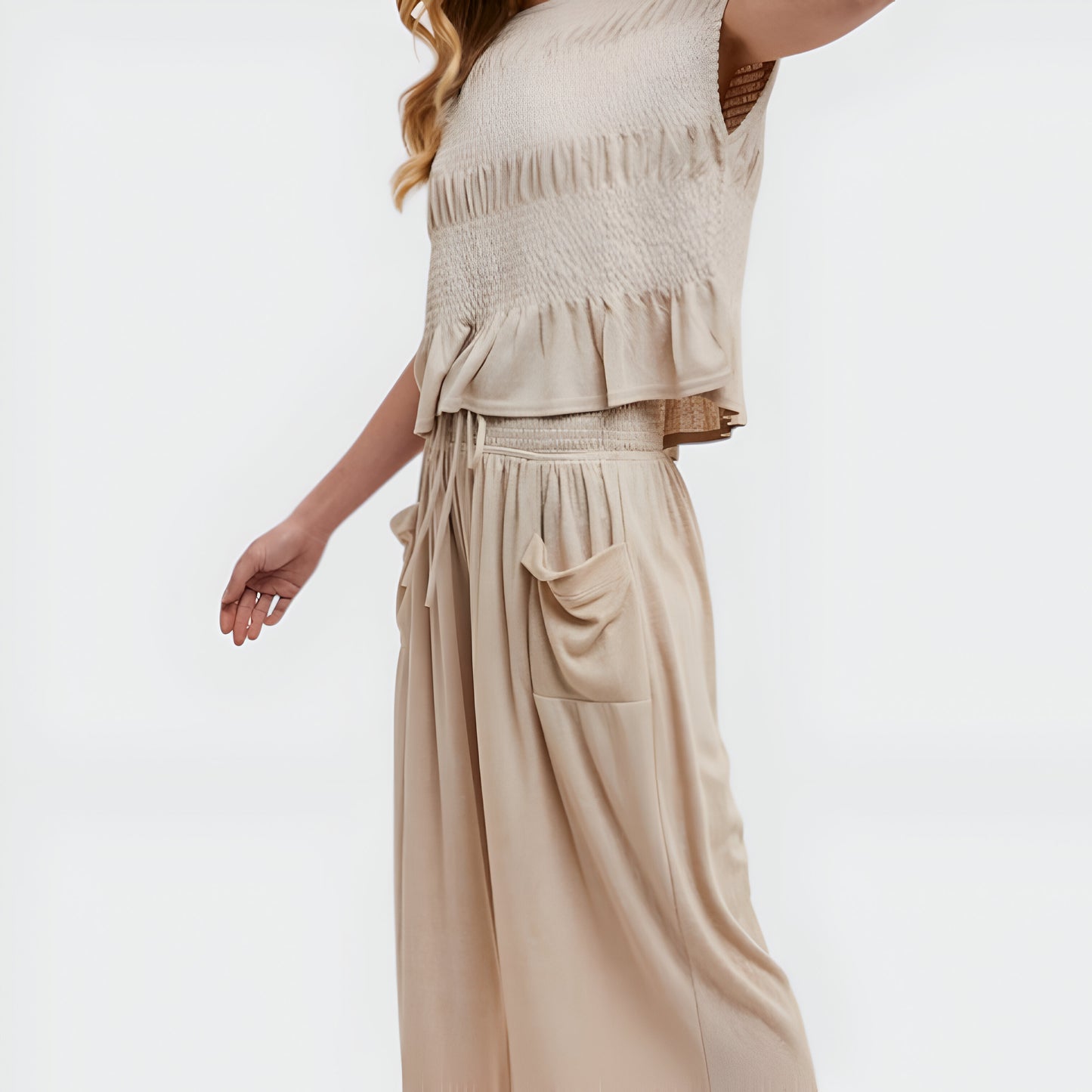 Smocked Knit Top and Wide-Leg Pants Set with Relaxed Fit