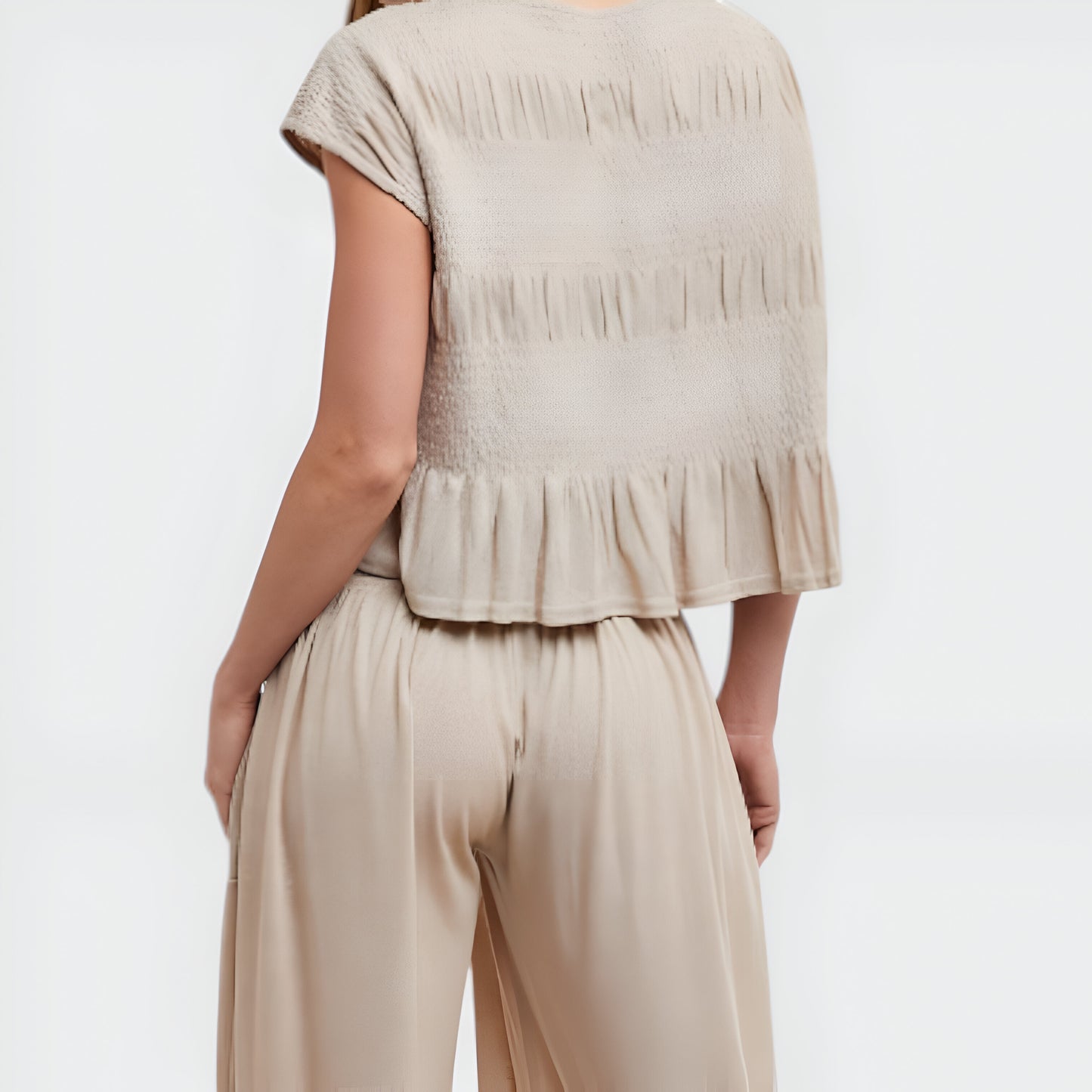 Smocked Knit Top and Wide-Leg Pants Set with Relaxed Fit