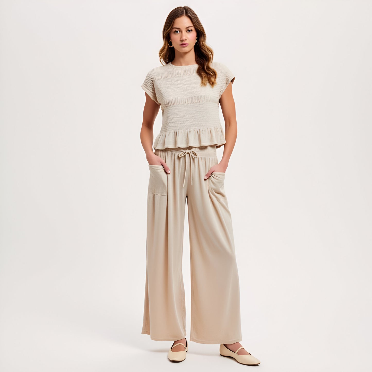 Smocked Knit Top and Wide-Leg Pants Set with Relaxed Fit