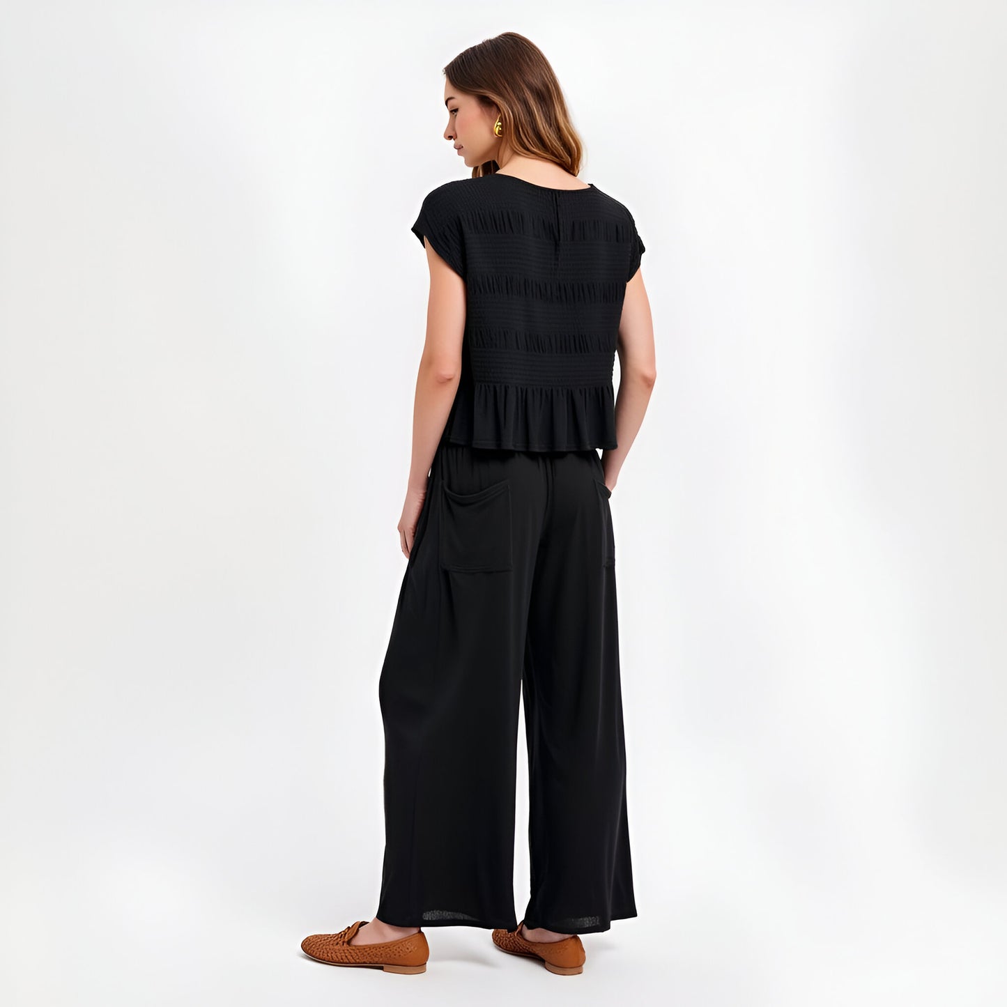 Smocked Knit Top and Wide-Leg Pants Set with Relaxed Fit