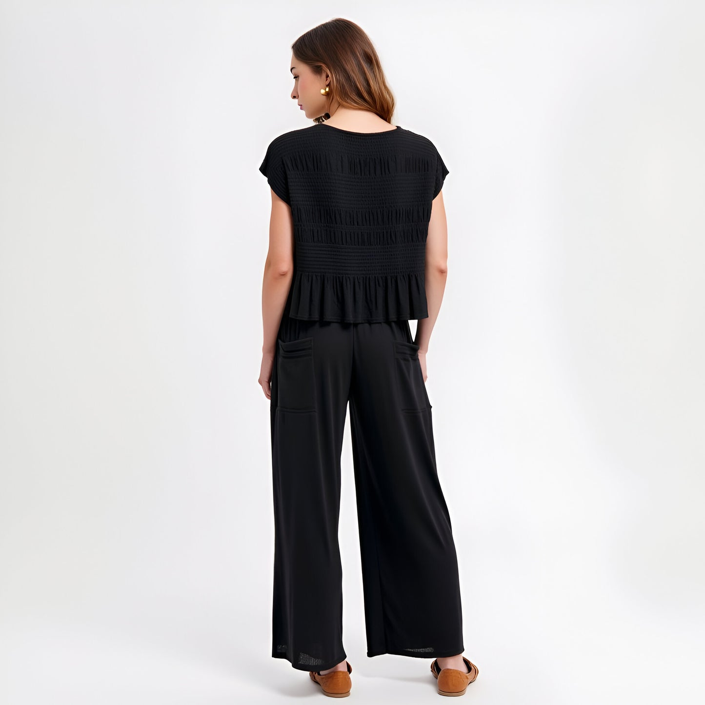 Smocked Knit Top and Wide-Leg Pants Set with Relaxed Fit