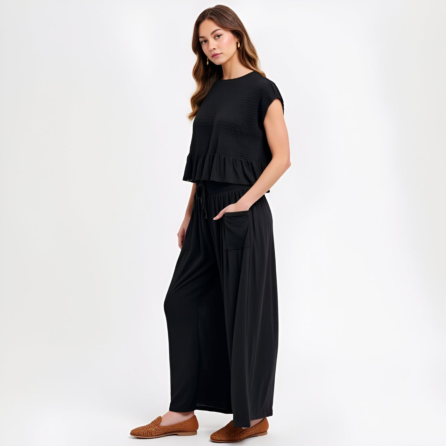Smocked Knit Top and Wide-Leg Pants Set with Relaxed Fit