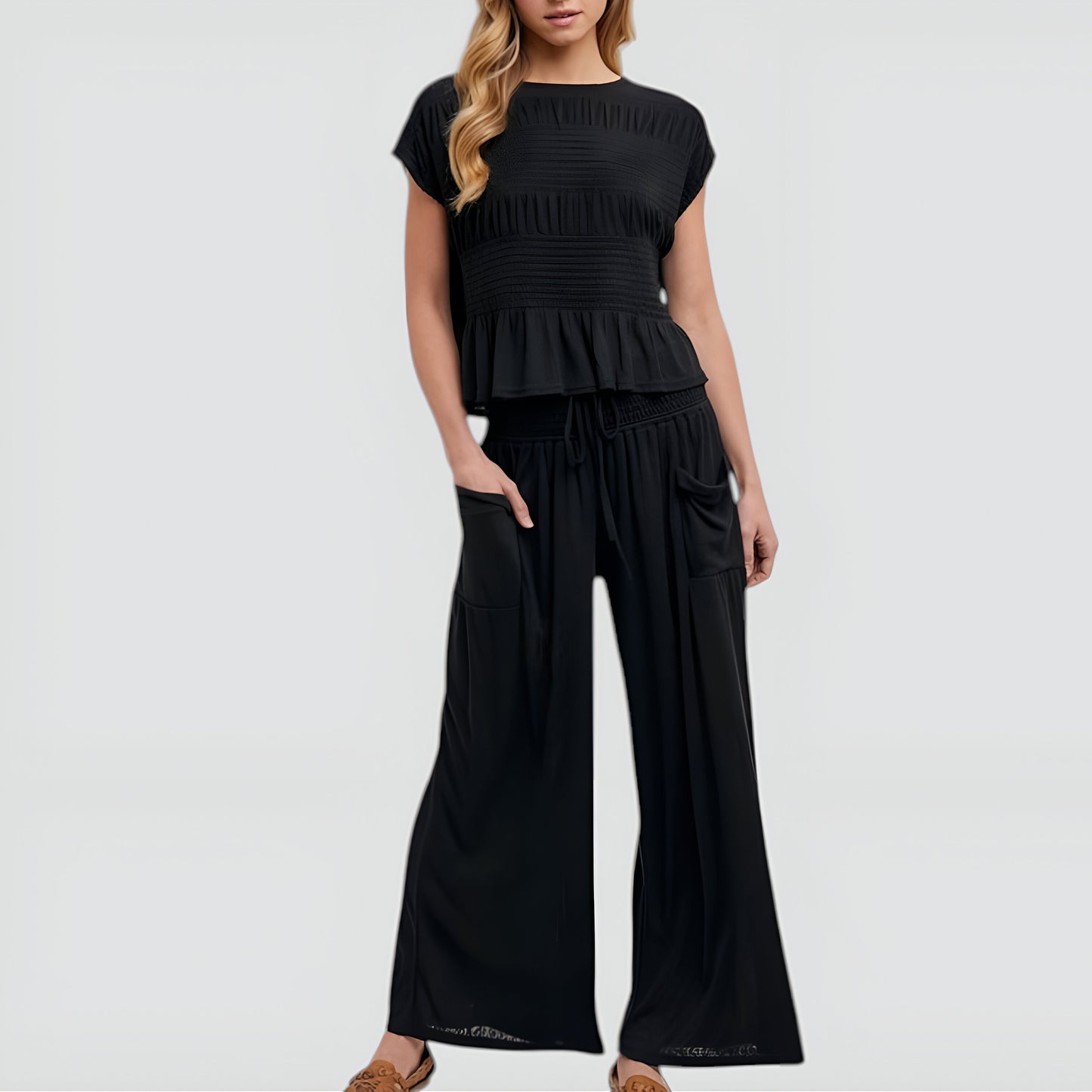 Smocked Knit Top and Wide-Leg Pants Set with Relaxed Fit