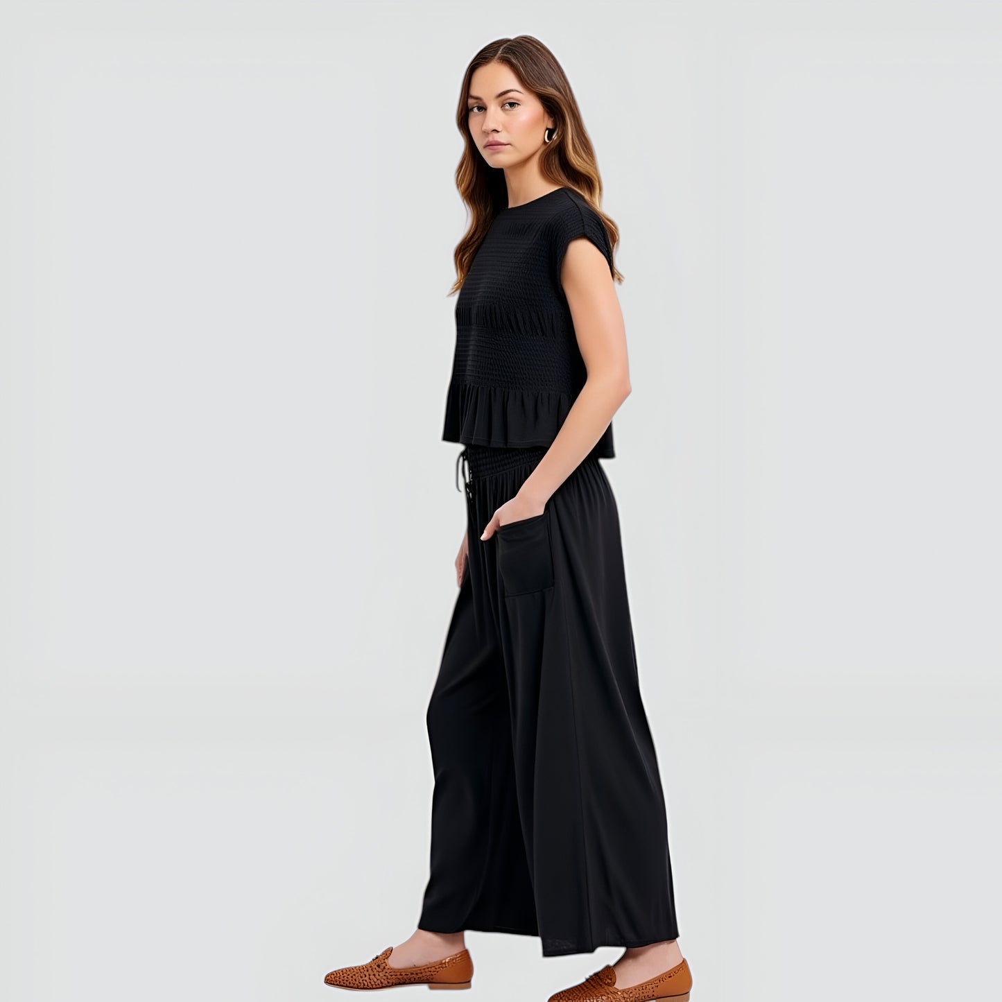 Smocked Knit Top and Wide-Leg Pants Set with Relaxed Fit