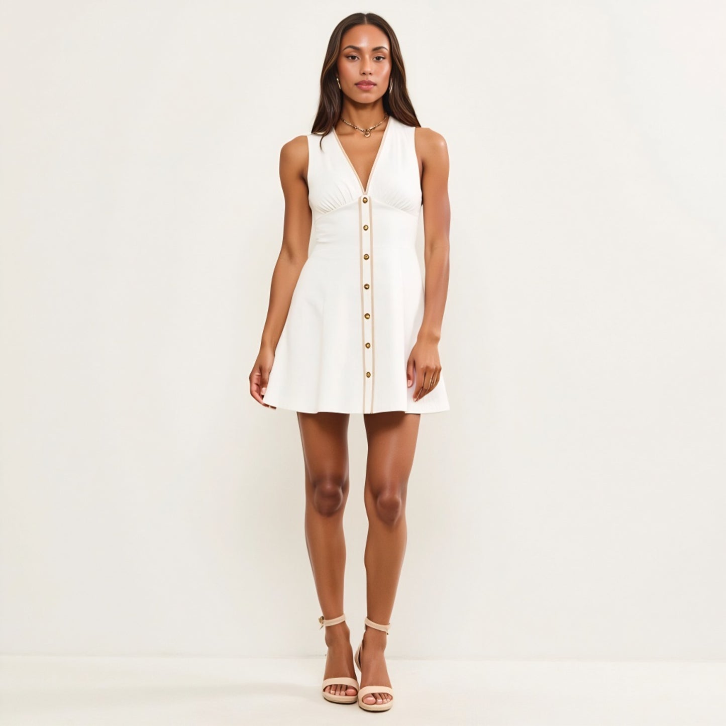 V-Neck Sleeveless Button Front Mini Dress with Contrast Trim
