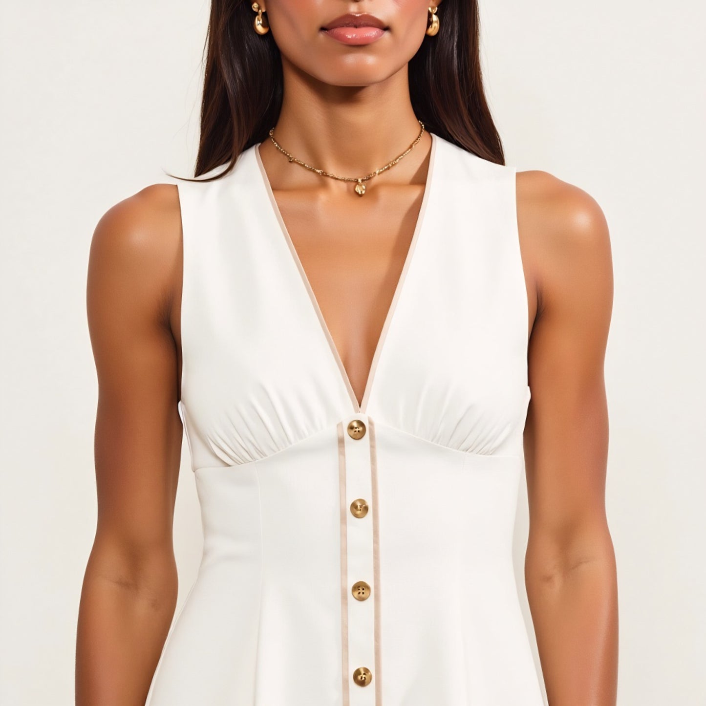 V-Neck Sleeveless Button Front Mini Dress with Contrast Trim
