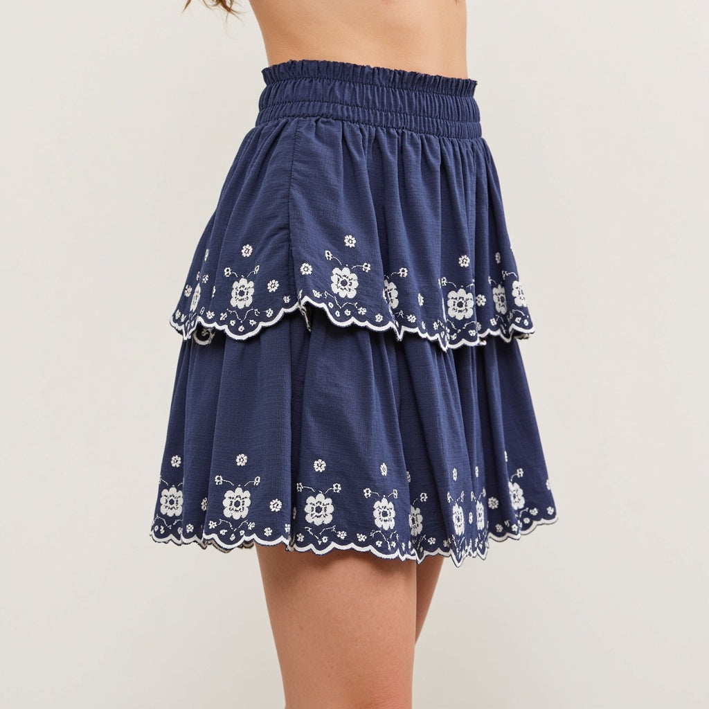 Tiered Eyelet Embroidered Ruffle Shorts with Smocked Waist