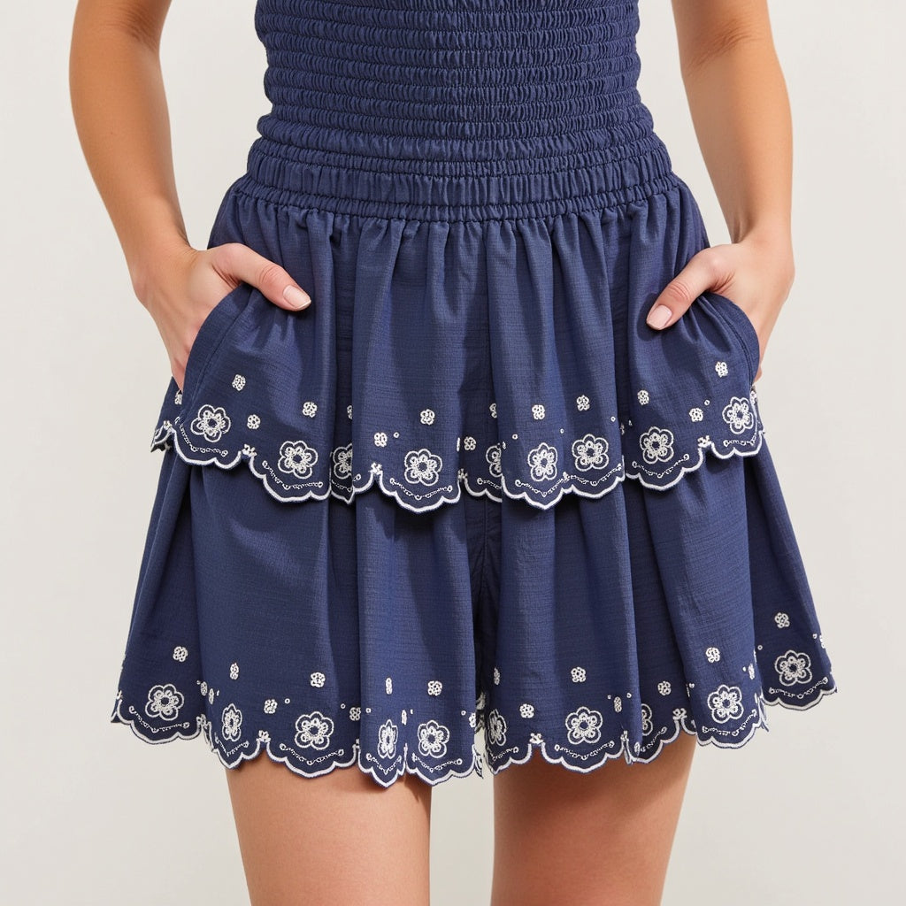 Tiered Eyelet Embroidered Ruffle Shorts with Smocked Waist