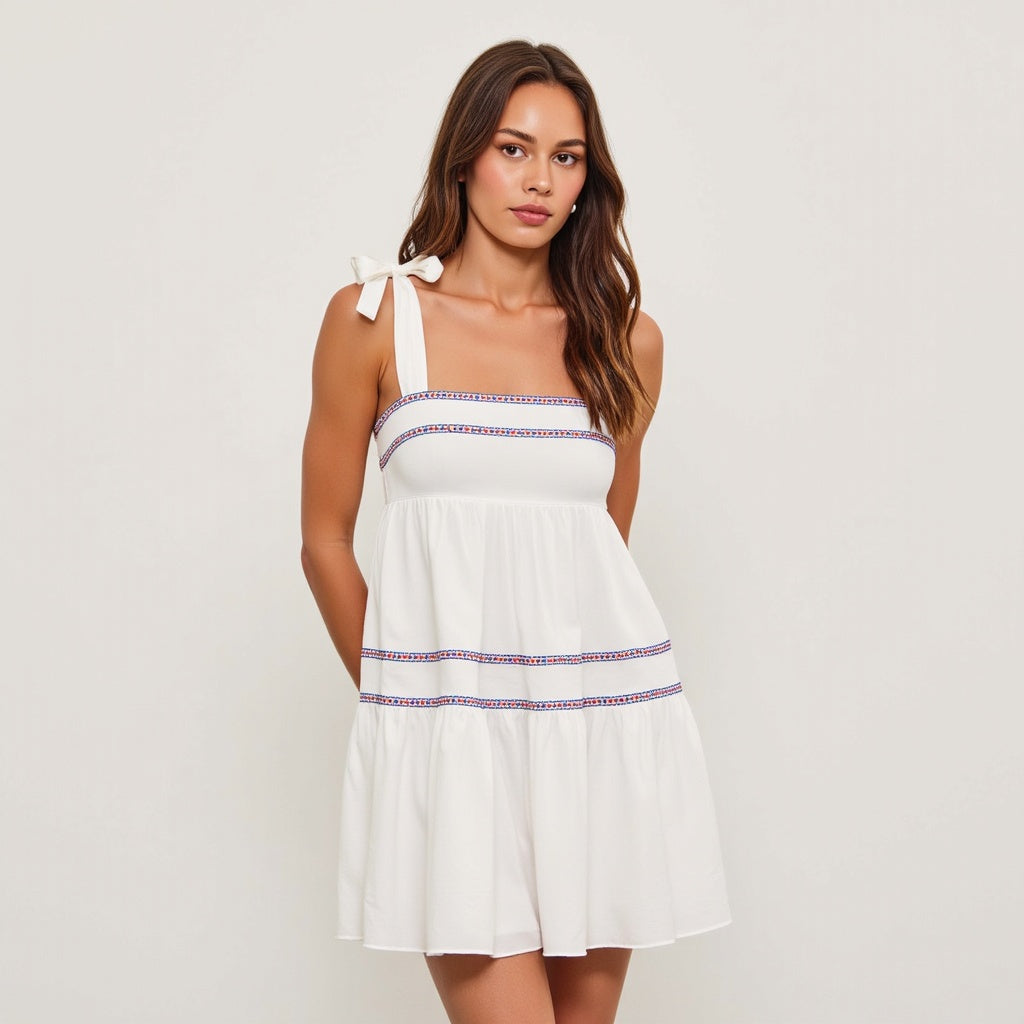 Sleeveless Tiered Mini Dress with Embroidered Trim and Tie Straps