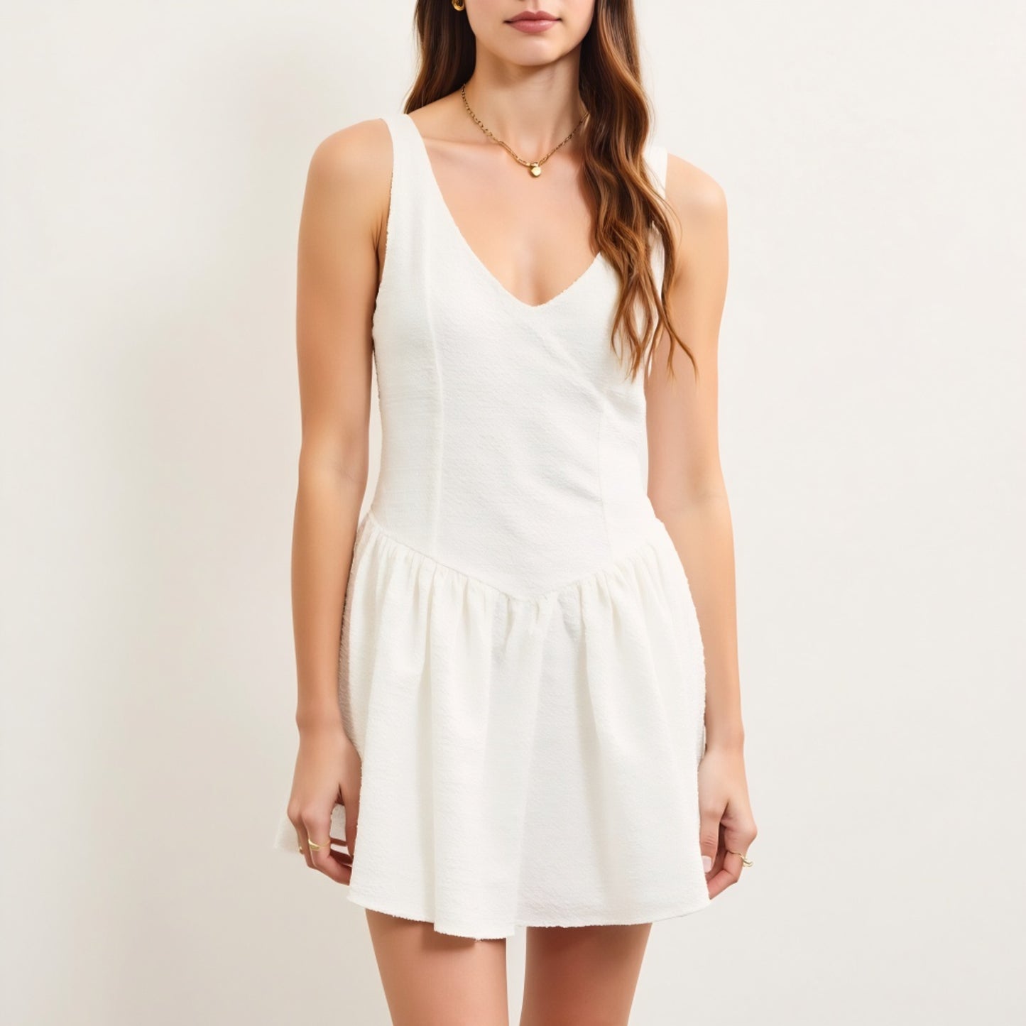 Textured Sleeveless V-Neck Mini Dress with Flowy Drop Waist