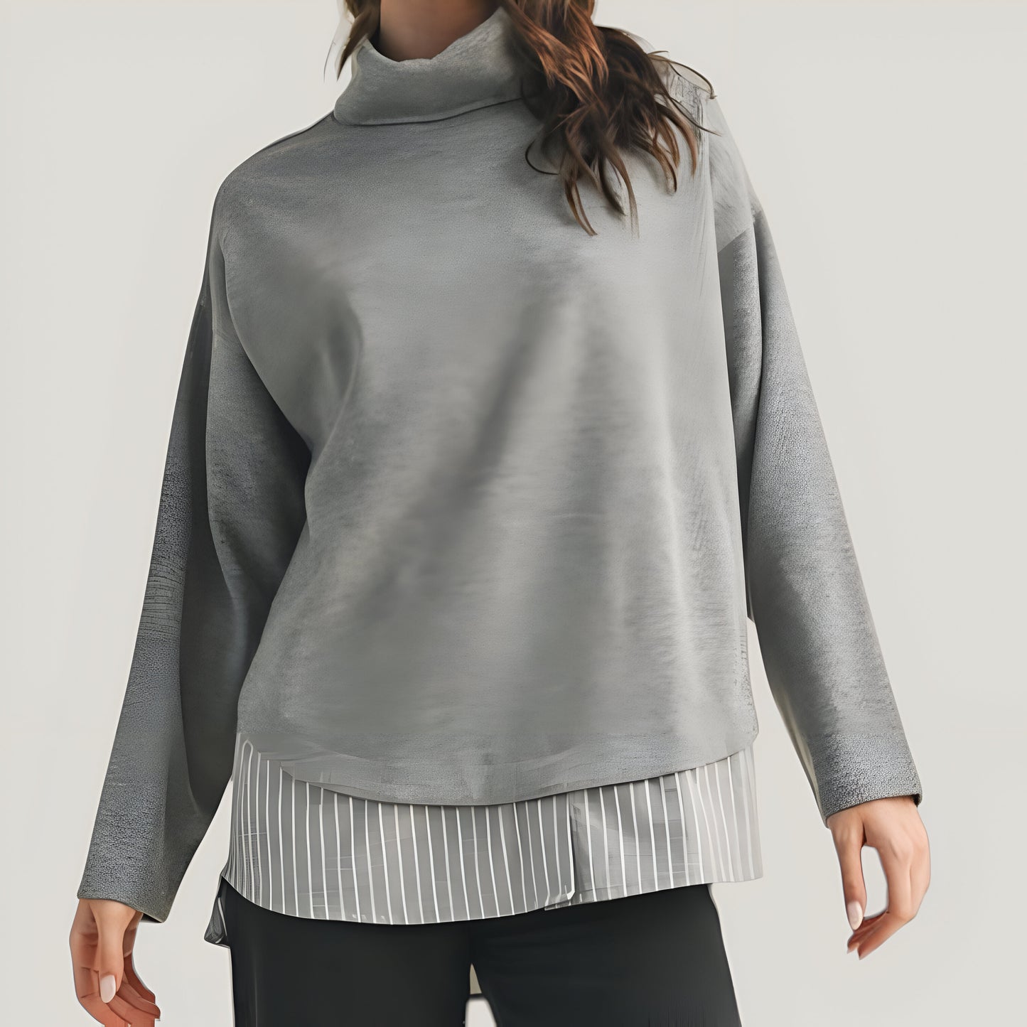 Mixed Media Turtleneck Top with Open Back and Woven Striped Shirt Contrast