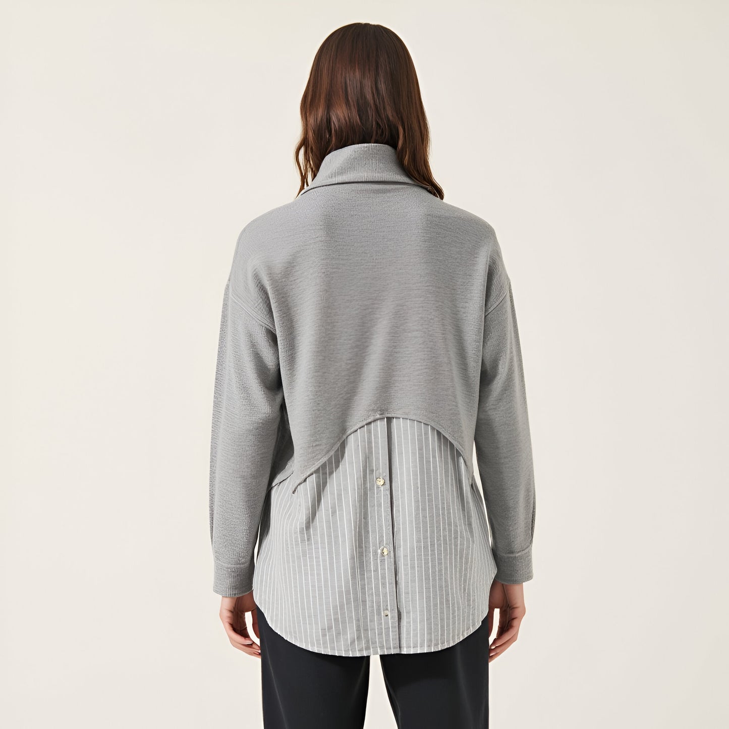 Mixed Media Turtleneck Top with Open Back and Woven Striped Shirt Contrast