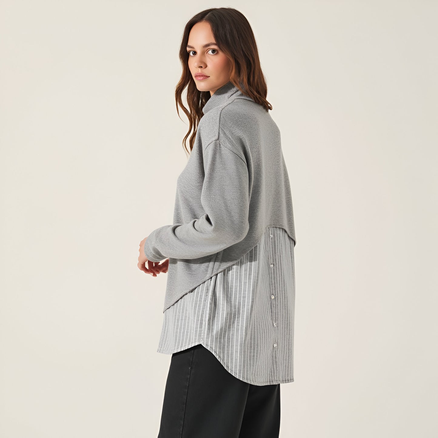Mixed Media Turtleneck Top with Open Back and Woven Striped Shirt Contrast
