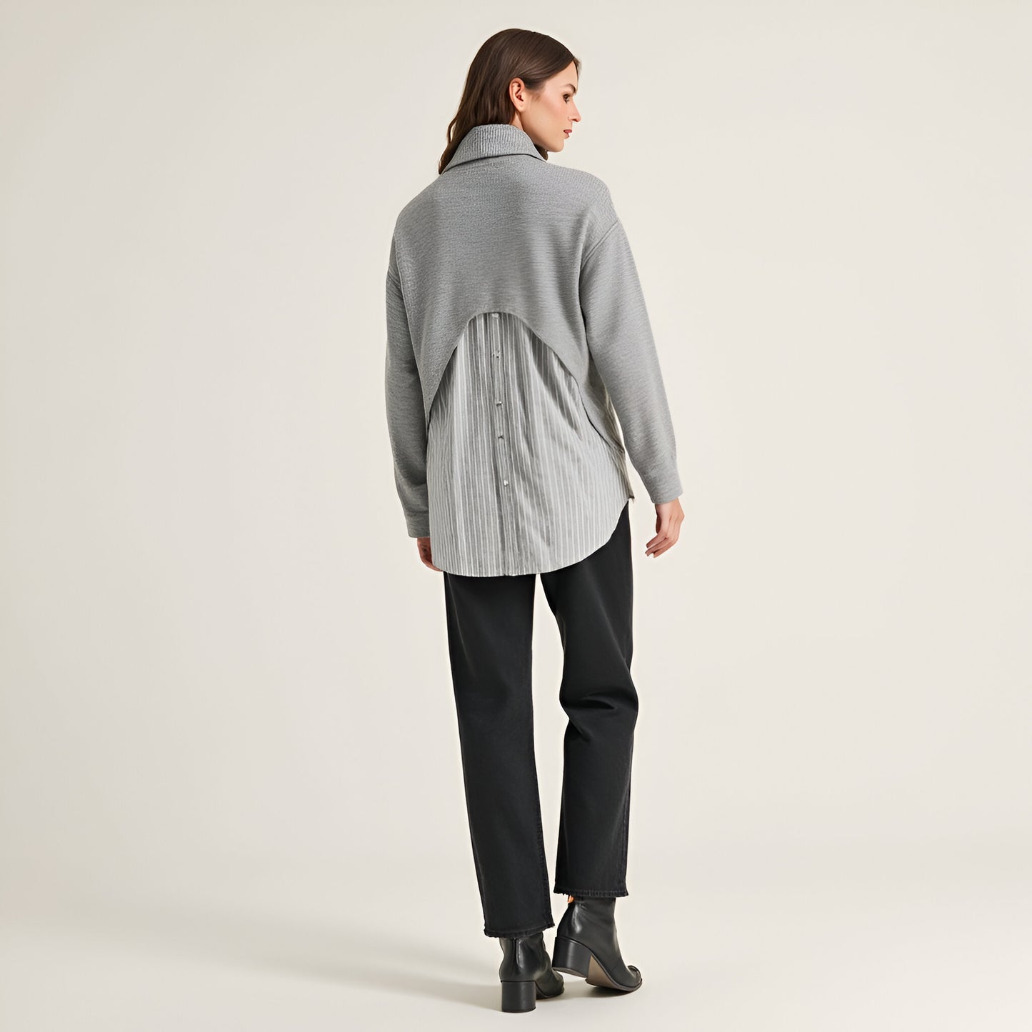 Mixed Media Turtleneck Top with Open Back and Woven Striped Shirt Contrast