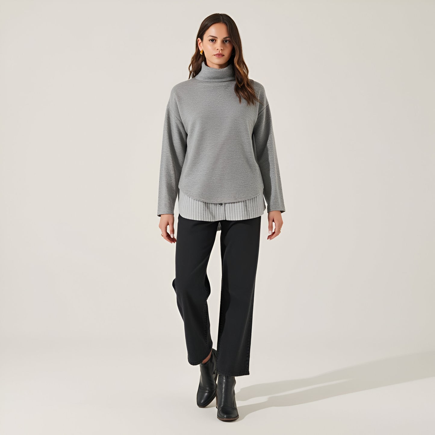 Mixed Media Turtleneck Top with Open Back and Woven Striped Shirt Contrast
