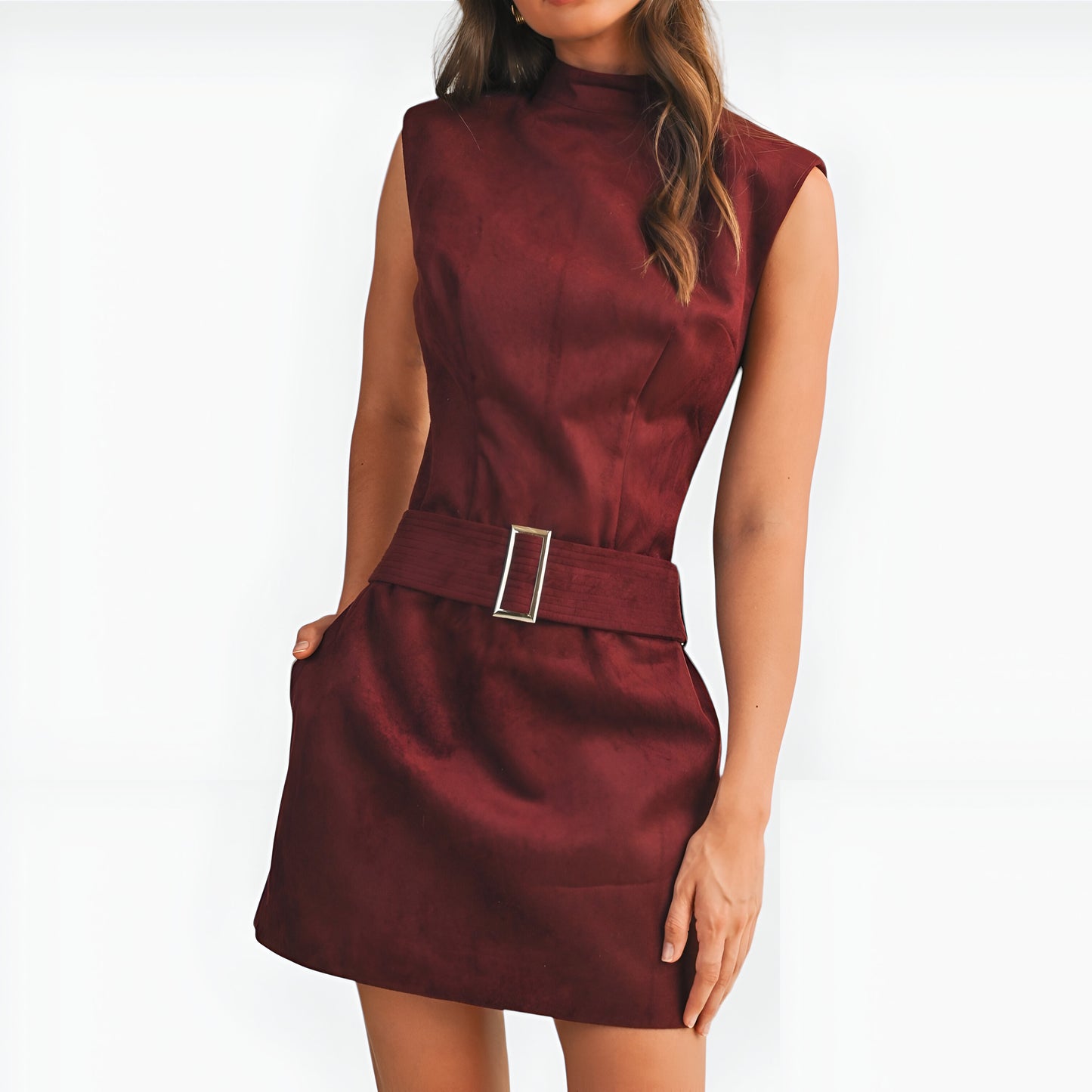 Satin Mini Dress with Mock Neck, Structured Waist and Belt Detail