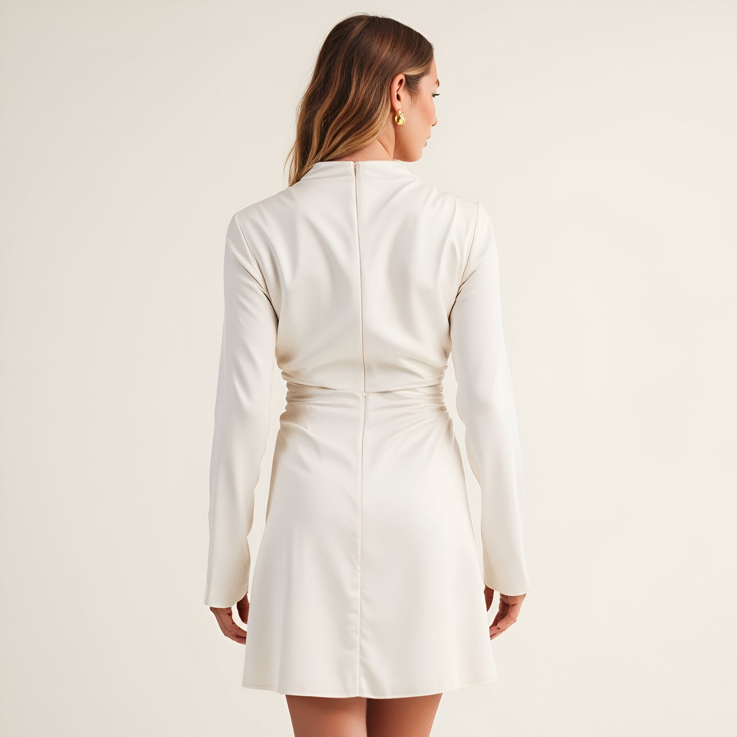 Long Sleeve Satin Mini Dress with Draped Neckline and Fitted Waist