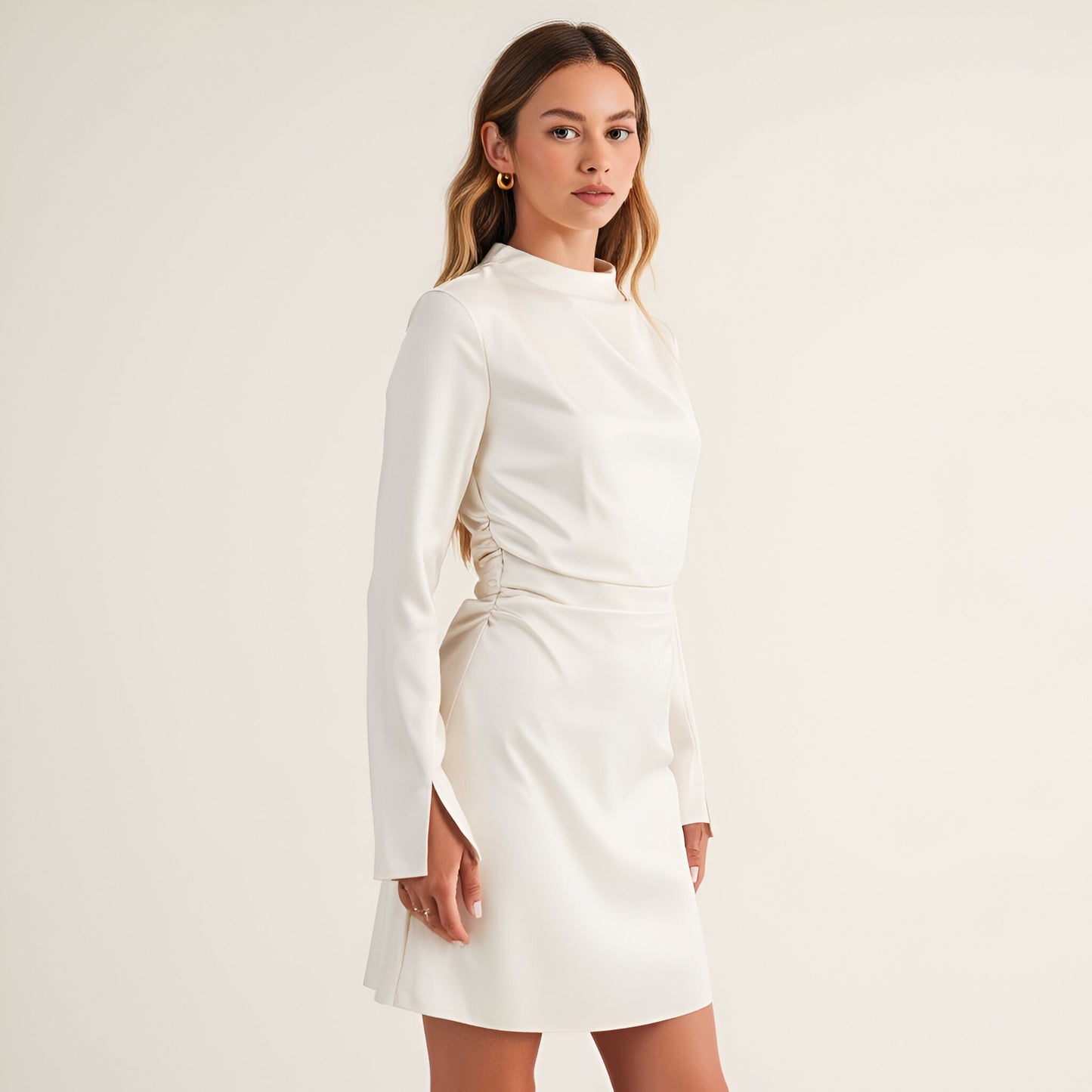 Long Sleeve Satin Mini Dress with Draped Neckline and Fitted Waist