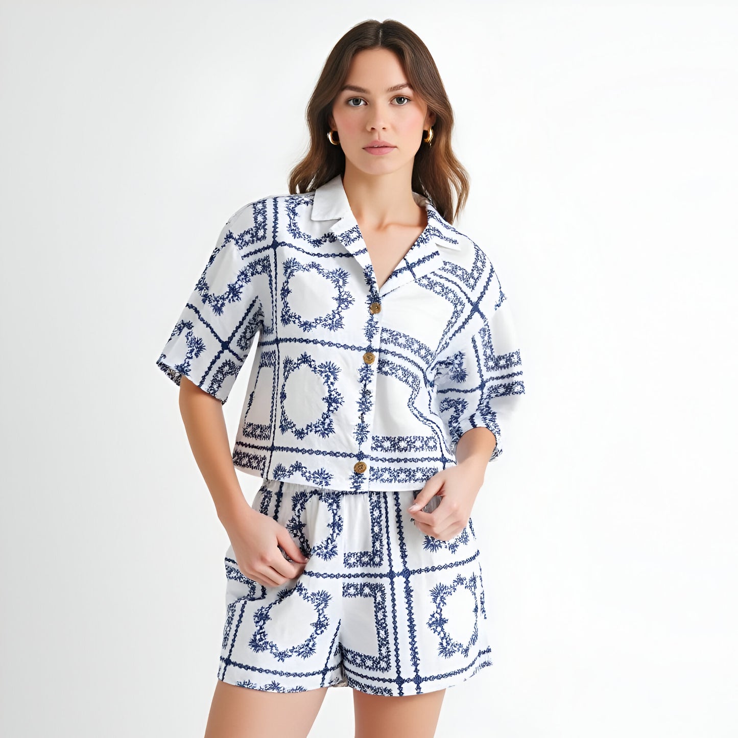 Embroidered Tile Print Button-Up Shirt & Elastic Waist Shorts Set