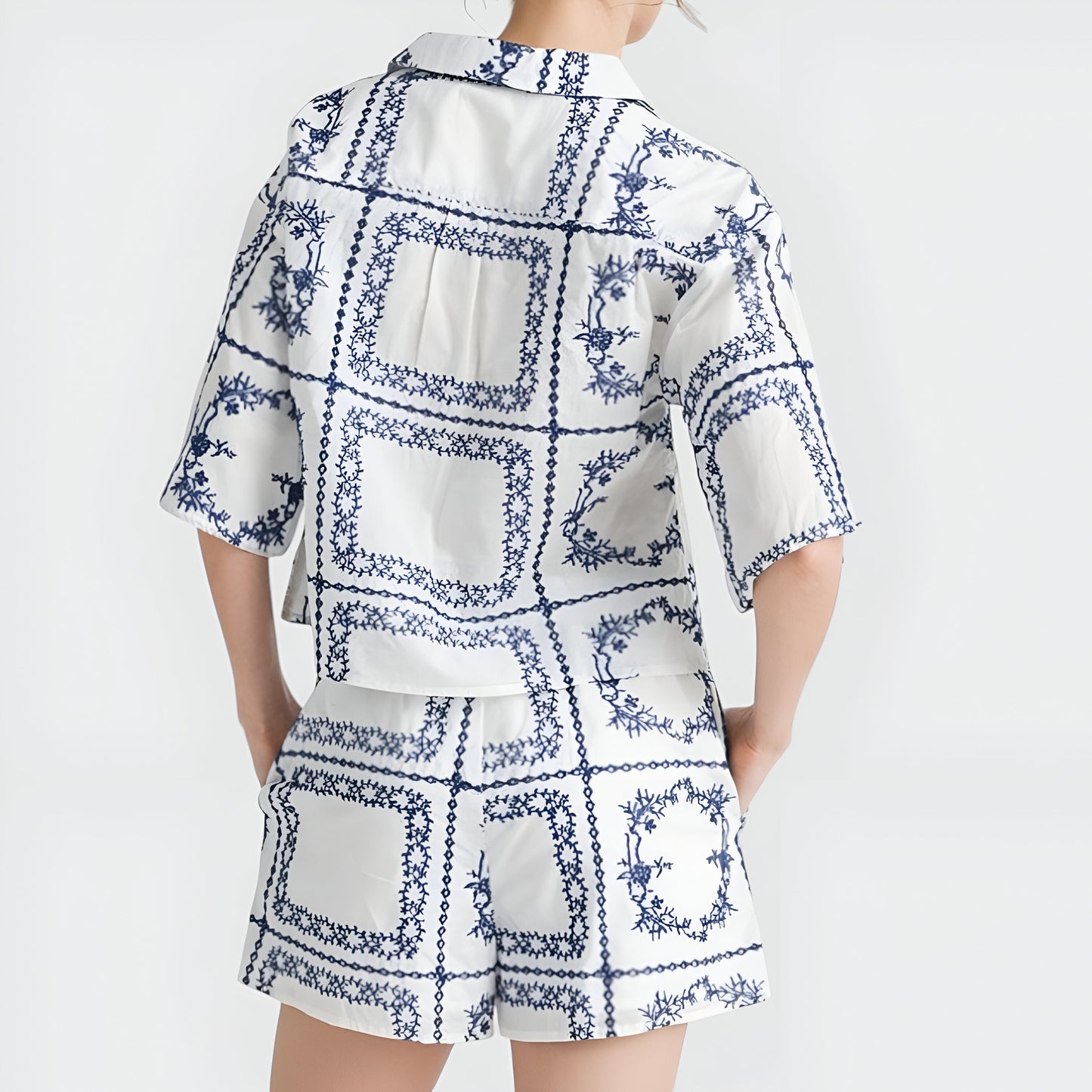 Embroidered Tile Print Button-Up Shirt & Elastic Waist Shorts Set