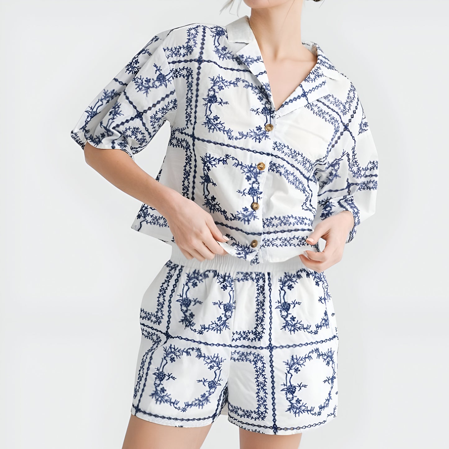 Embroidered Tile Print Button-Up Shirt & Elastic Waist Shorts Set
