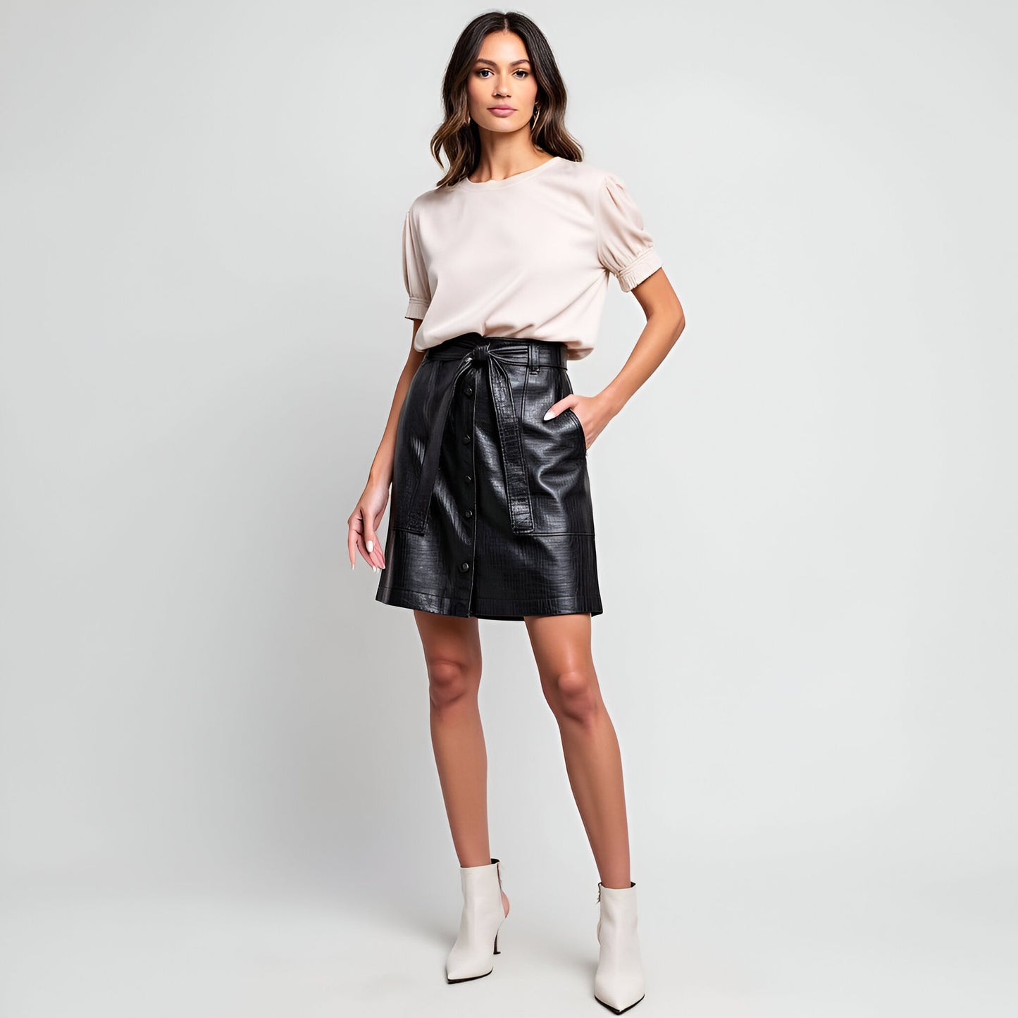 Belted Faux Leather Mini Skirt with Patch Pockets and Front Button