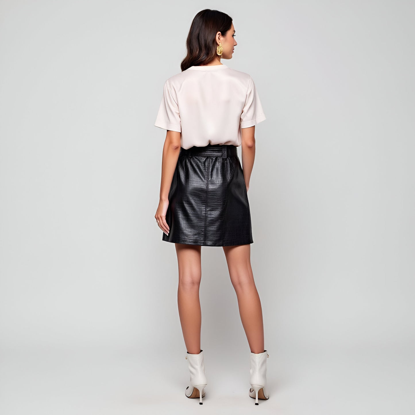 Belted Faux Leather Mini Skirt with Patch Pockets and Front Button