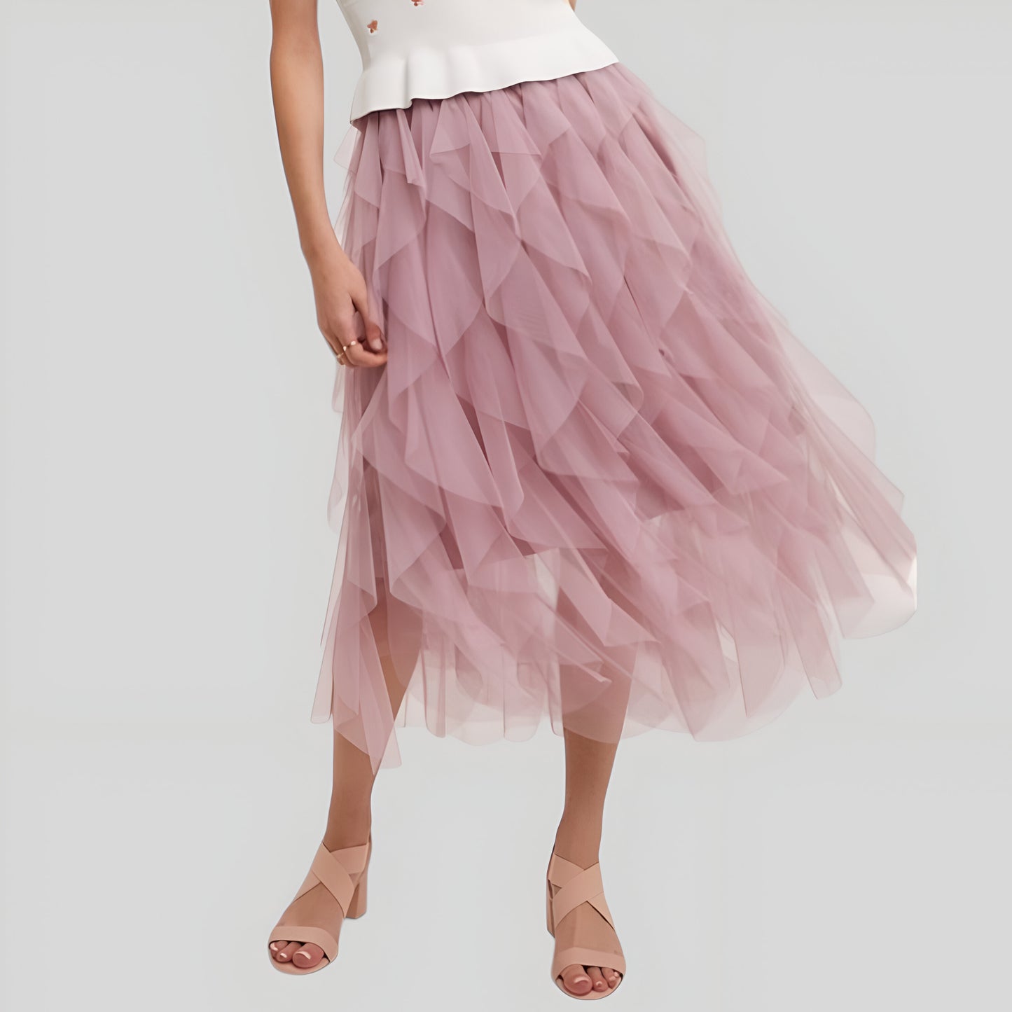 Tiered Tulle Midi Skirt with Layered Ruffle Detail and Elastic Waistband