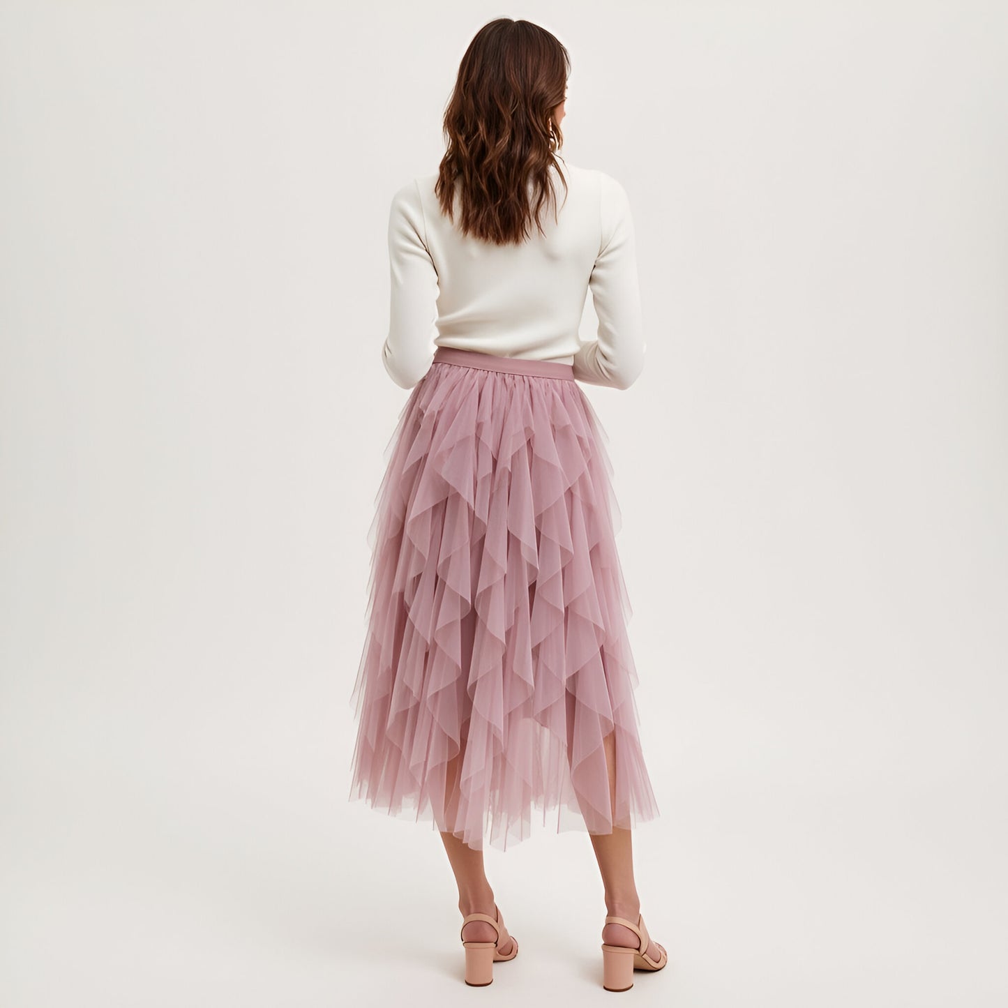 Tiered Tulle Midi Skirt with Layered Ruffle Detail and Elastic Waistband