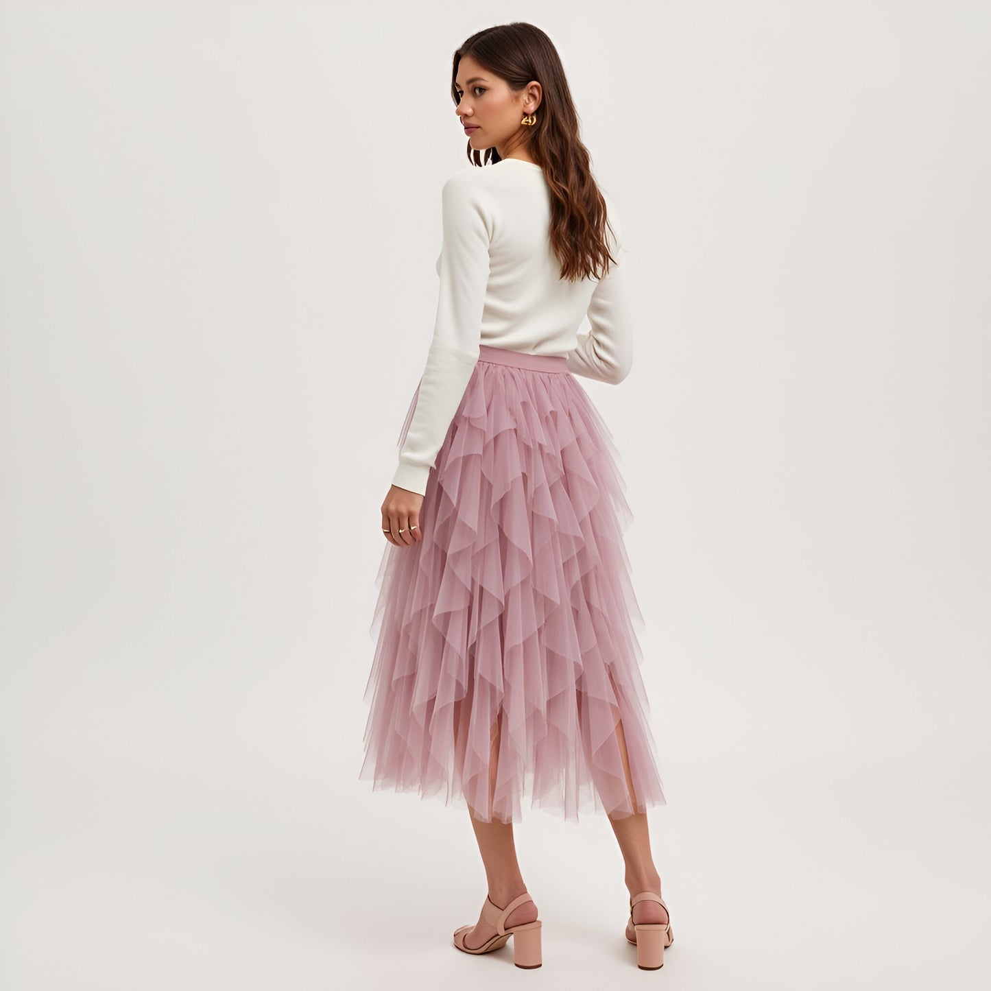 Tiered Tulle Midi Skirt with Layered Ruffle Detail and Elastic Waistband