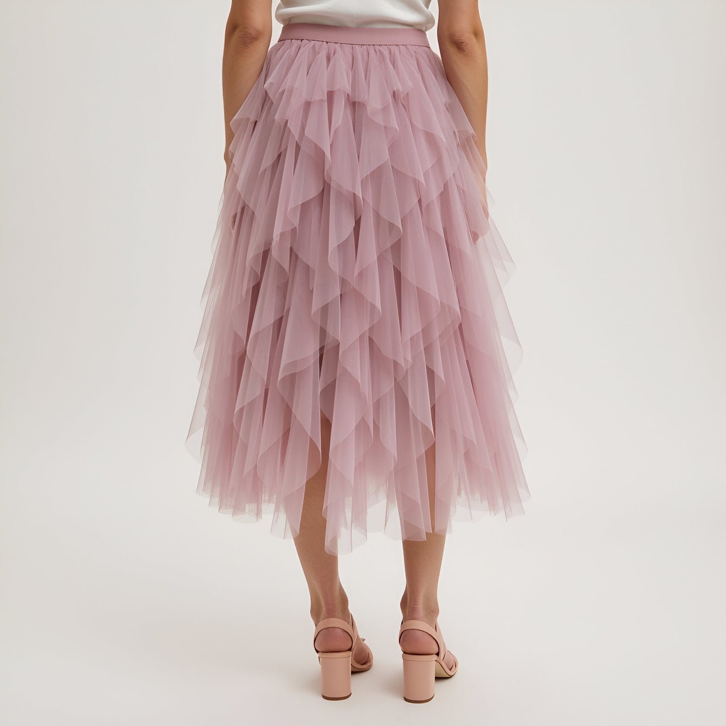 Tiered Tulle Midi Skirt with Layered Ruffle Detail and Elastic Waistband