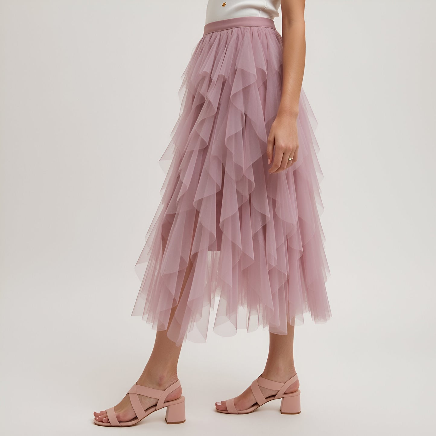Tiered Tulle Midi Skirt with Layered Ruffle Detail and Elastic Waistband