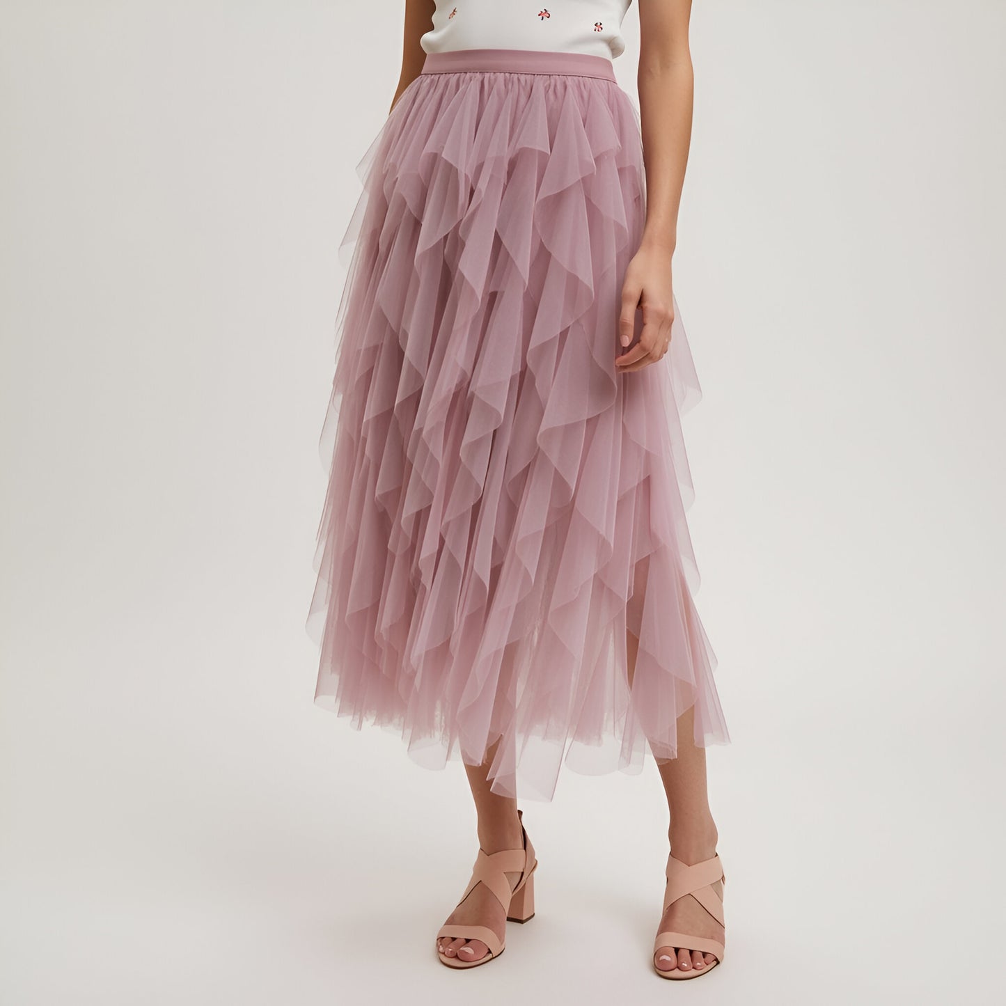 Tiered Tulle Midi Skirt with Layered Ruffle Detail and Elastic Waistband