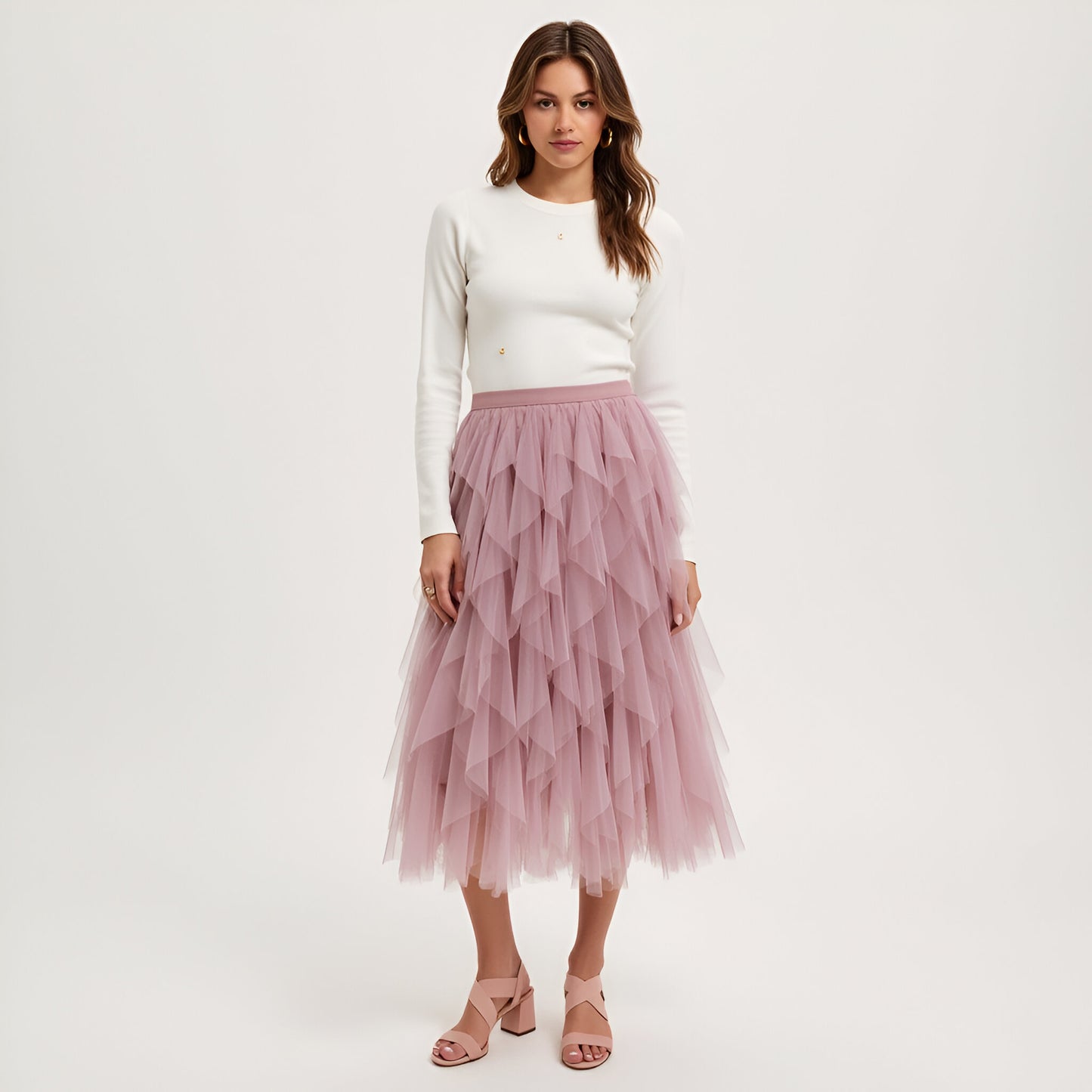 Tiered Tulle Midi Skirt with Layered Ruffle Detail and Elastic Waistband