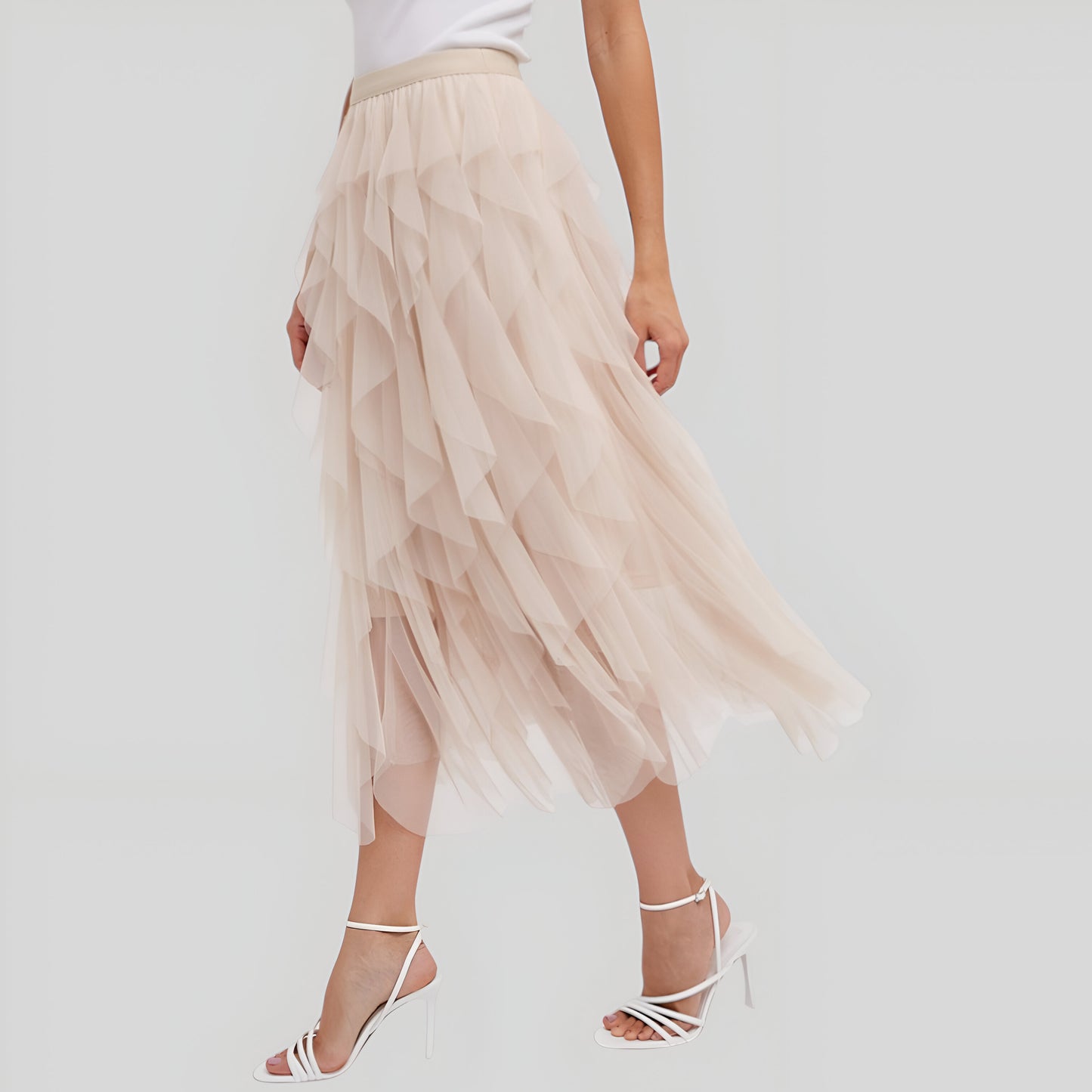 Tiered Tulle Midi Skirt with Layered Ruffle Detail and Elastic Waistband