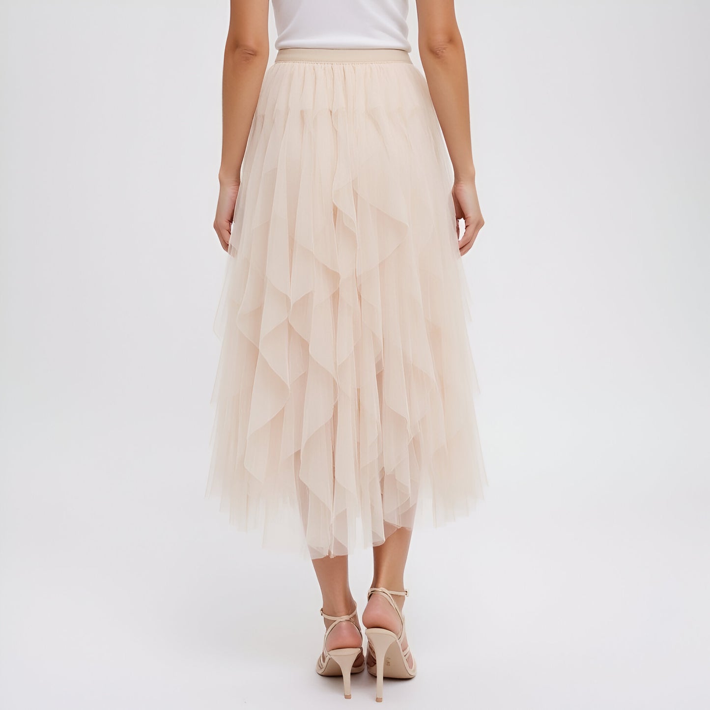 Tiered Tulle Midi Skirt with Layered Ruffle Detail and Elastic Waistband
