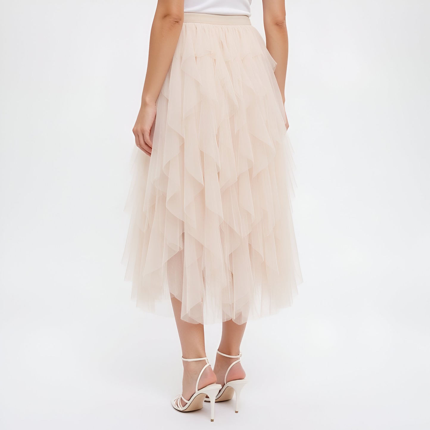 Tiered Tulle Midi Skirt with Layered Ruffle Detail and Elastic Waistband