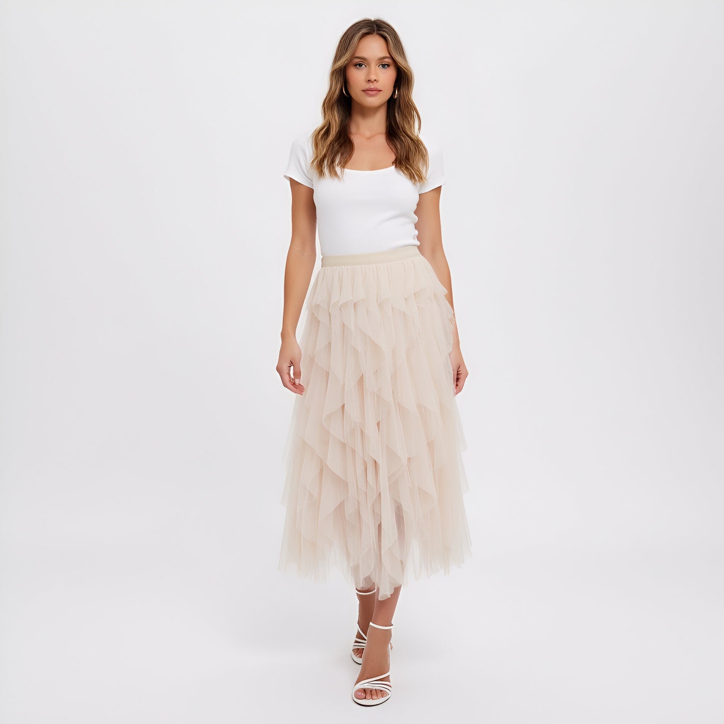 Tiered Tulle Midi Skirt with Layered Ruffle Detail and Elastic Waistband