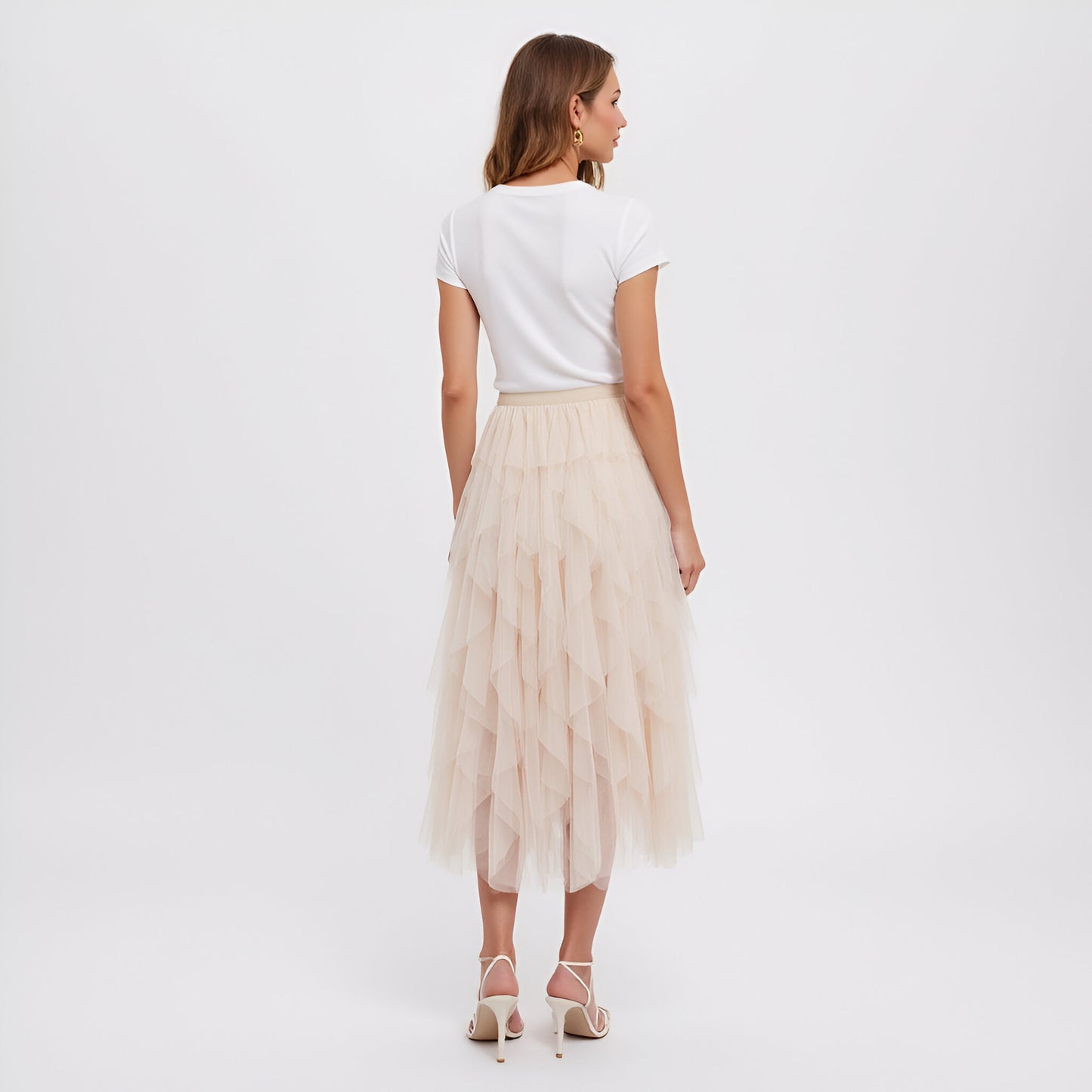 Tiered Tulle Midi Skirt with Layered Ruffle Detail and Elastic Waistband