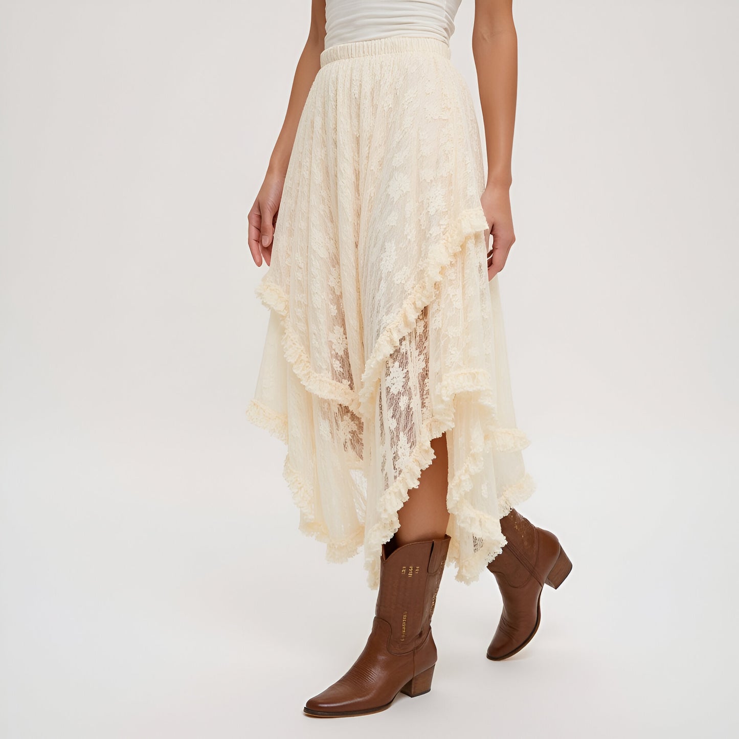Tiered Lace Asymmetrical Skirt with Handkerchief Hem and Lined Detail