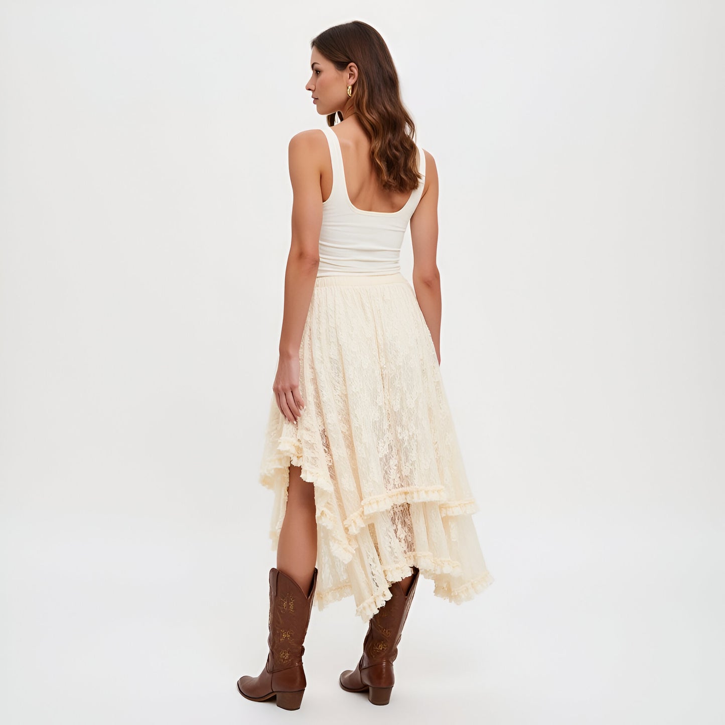 Tiered Lace Asymmetrical Skirt with Handkerchief Hem and Lined Detail