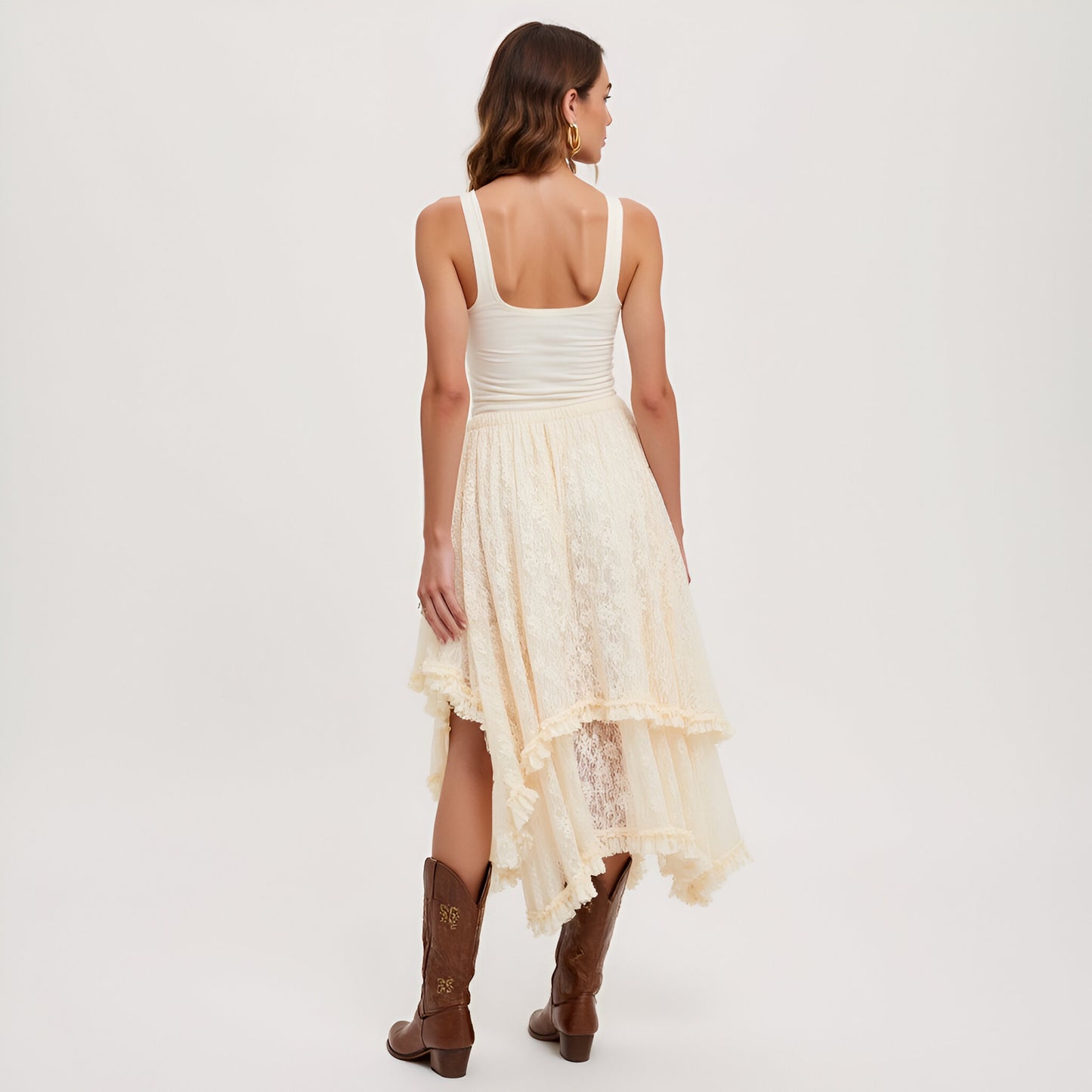 Tiered Lace Asymmetrical Skirt with Handkerchief Hem and Lined Detail