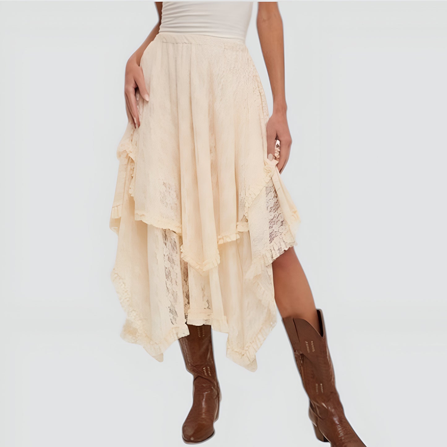 Tiered Lace Asymmetrical Skirt with Handkerchief Hem and Lined Detail